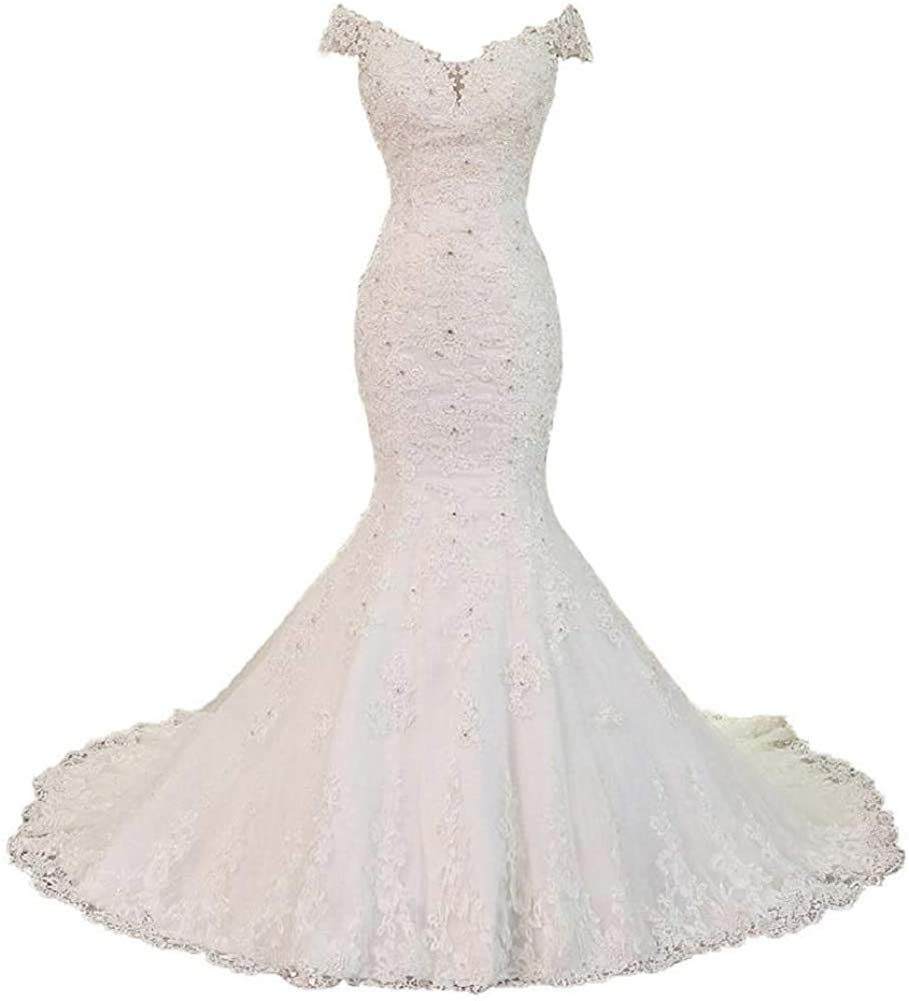 Elegant Mermaid Wedding Dress with Lace Applique & Beaded Off-Shoulder Design for Women – Perfect for Beach, Church, and Formal Weddings