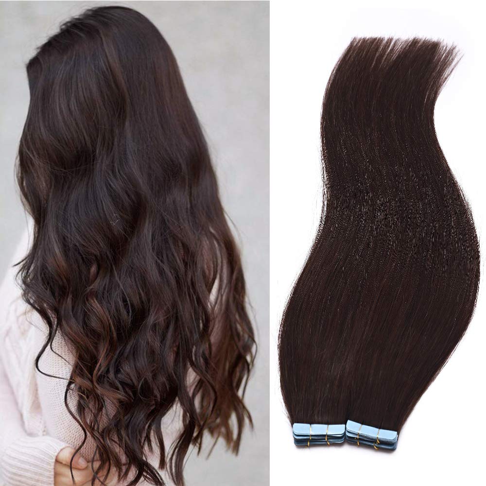 24 Inch Tape in Hair Extensions - 100% Remy Human Hair - 40 PCS 100g Dark Brown (#02) - Seamless Skin Weft for Long Straight Hair - Perfect for Weddings, Parties & Daily Styling