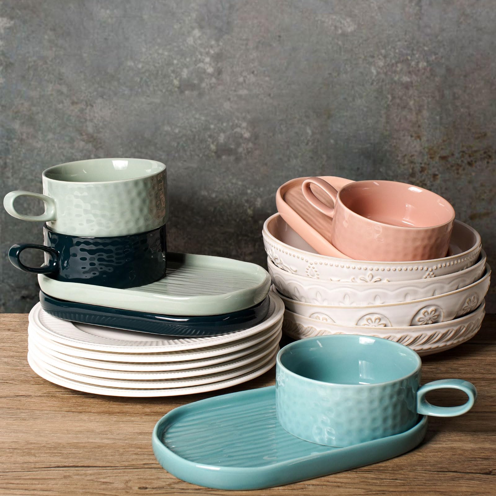 Artena 16 oz Ceramic Soup and Sandwich Plate Set - 9.85-inch Glazed Bowls with Handles, Side Plates & Bread Dipping Dishes for Breakfast, Lunch, Dinner - Mint Green Kitchen Dining Tableware for Home & Restaurant Use