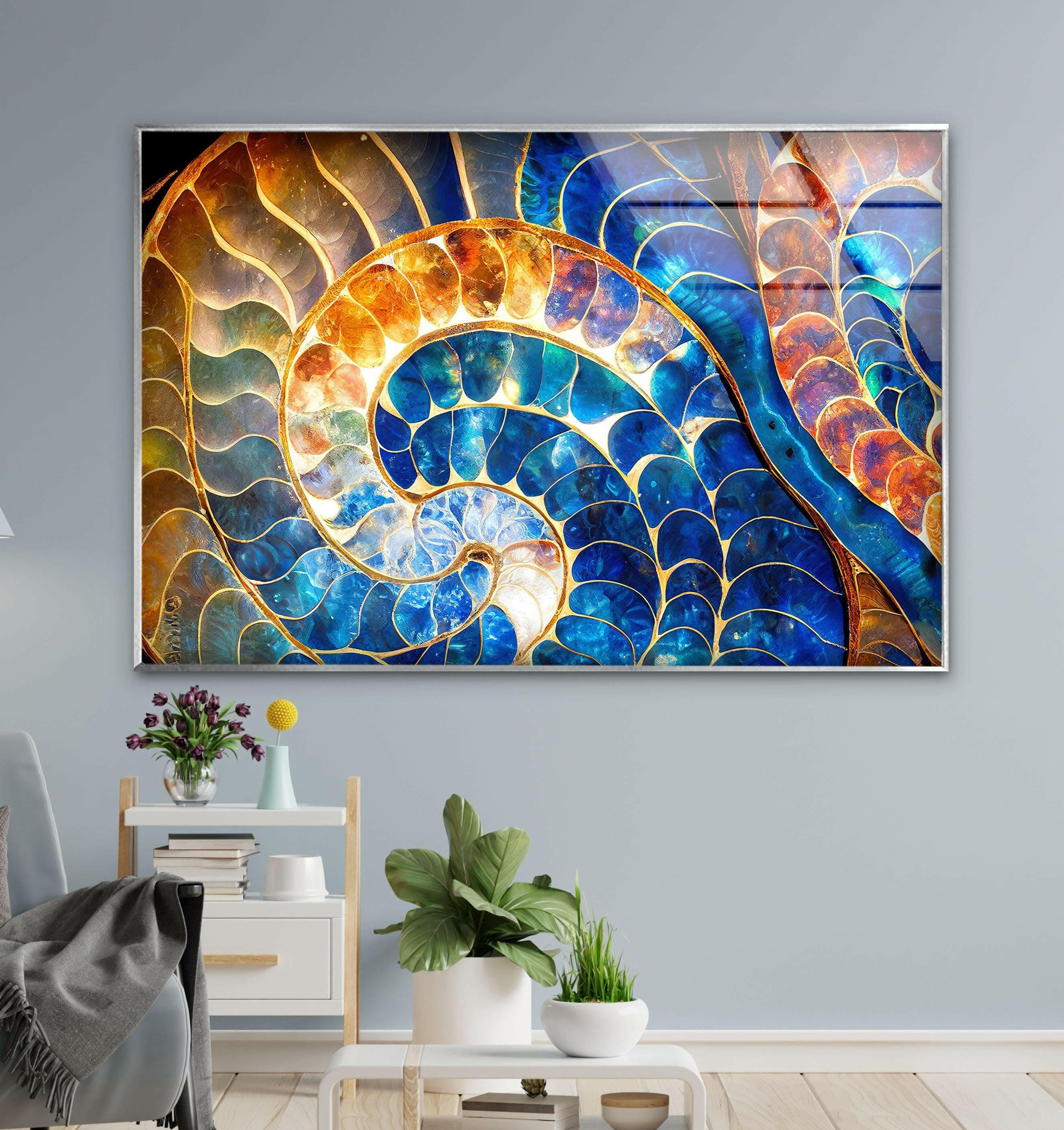 Blue & Orange Shell Glass Wall Art - Handmade Coastal Decor for Living Room, Bedroom, or Beach House - Perfect for Boho, Nautical & Seaside Home Decor