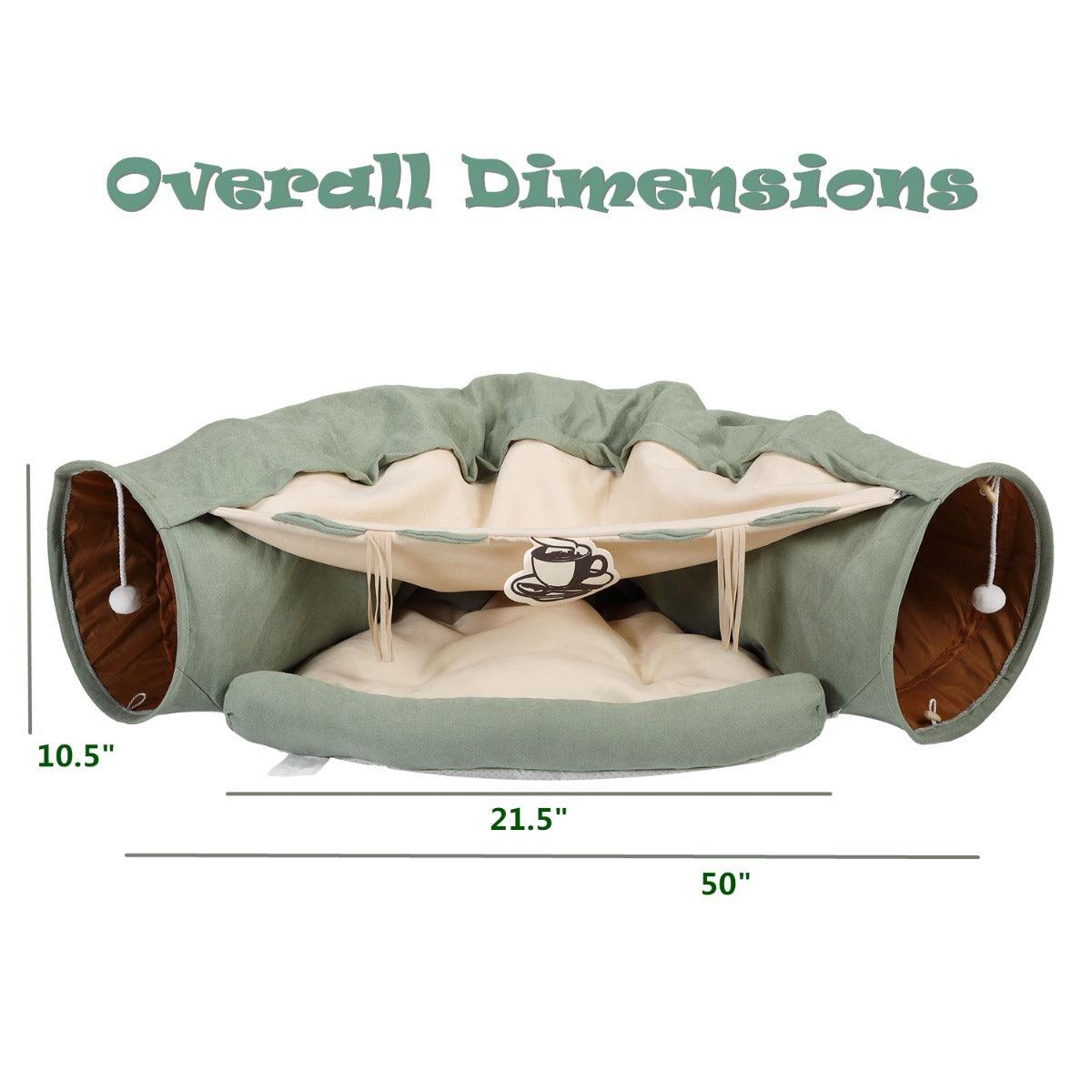Expandable Cat Tunnel with Cushioned Pet Bed & Teaser Balls - Interactive Play & Nap Space for Indoor Cats - Bright Green Zippered Feline Toy & Resting Zone