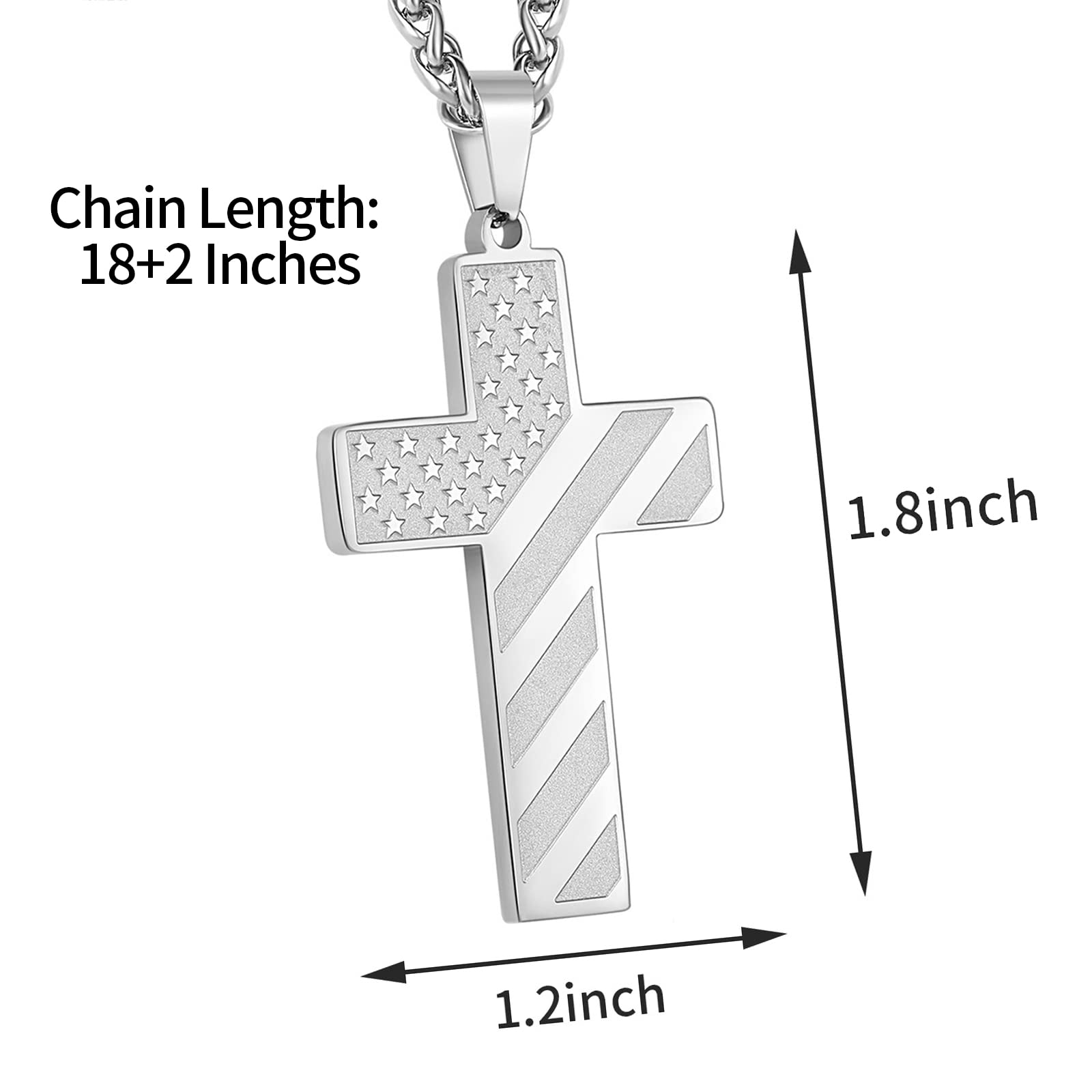 18+2 Inch Stainless Steel Cross Necklace with Bible Verse & American Flag Pendant - Religious Jewelry Gift for Men, Boys, Teens - Perfect for Easter, Graduation, Daily Wear & Special Occasions