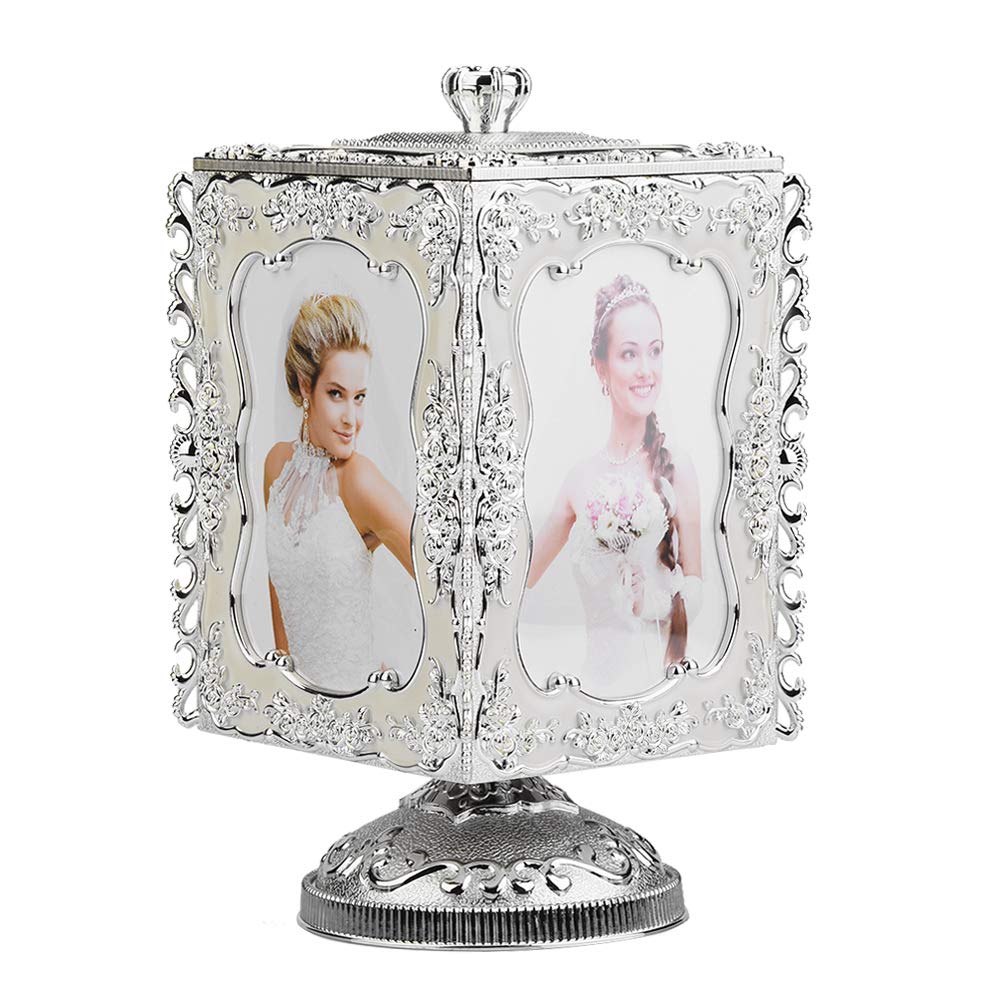 5 Inch 3R Rotating Photo Frame Music Box - Silver Versatile Interchangeable Jewelry Storage Box, Perfect for Christmas Wedding Gifts & Home Decor (190×110×100mm) - Ideal for Displaying Memories, Storing Treasures, and Enhancing Home Ambiance