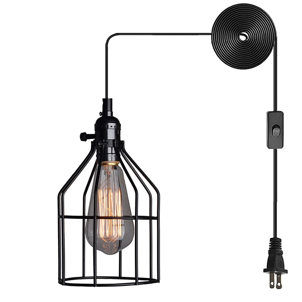 Vintage Industrial Pendant Light - Retro Farmhouse Hanging Light Fixture with Black Metal Cage, E26 Base - Perfect for Kitchen Island, Dining Room, Living Room, Loft & Bar Lighting Decor