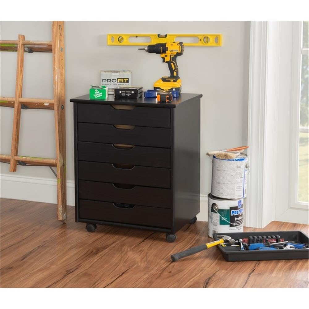 Black 6-Drawer Wooden Rolling Storage Cart with Wheels - Organizer for Bedroom, Closet, Office & Kitchen - Mobile Storage Solution for Home & Office