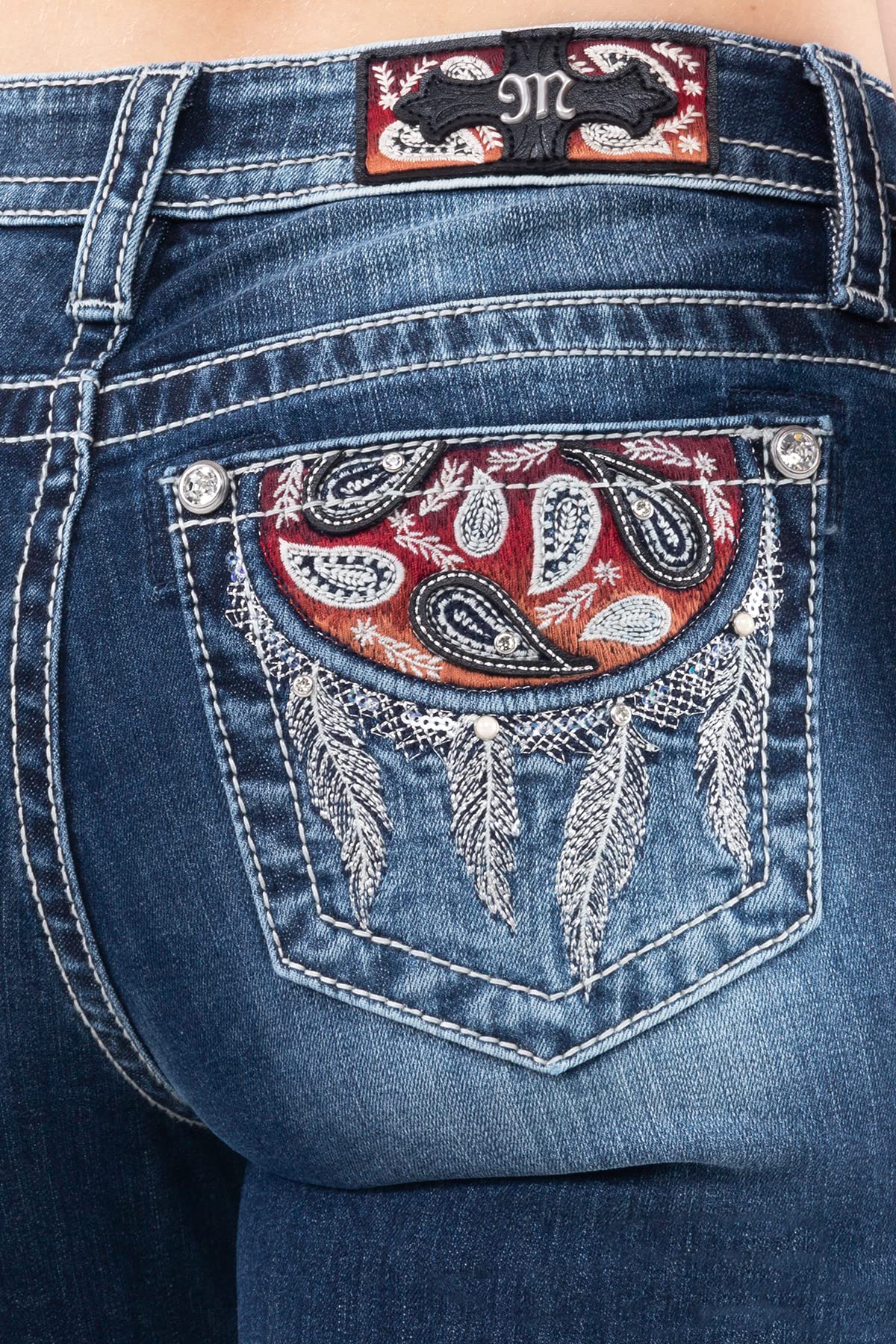 Miss Me Women's Mid Rise Bandana Dream Catcher Bootcut Jeans - Stylish Western Denim Pants for Casual Wear & Country Outfits