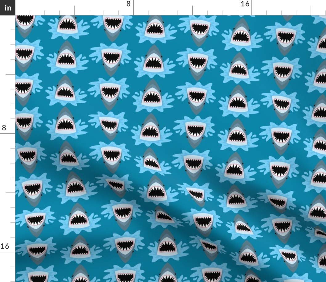Cute Summer Shark Pattern Blue Cotton Fabric by Spoonflower - Funny Boys Beach Vacation Teeth Kids Printed on Petal Signature Cotton - Fat Quarter for Sewing, Quilting, Apparel, Crafts & Home Decor | Perfect for DIY Projects, Kids Clothing, and Beach-Themed Decorations