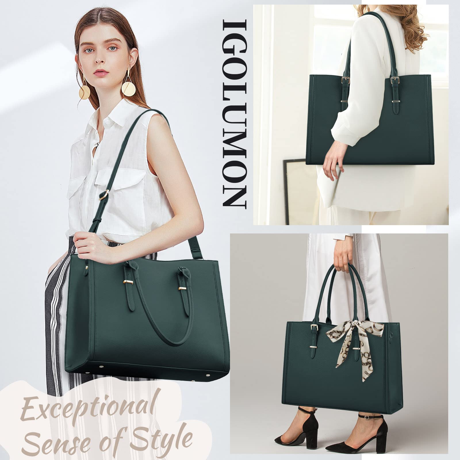 Stylish 15.6 Inch Leather Laptop Tote Bag for Women - Waterproof Work Bag with Shoulder Strap - Perfect for Office, Business Travel & Daily Commute - Elegant Green Handbag for Professionals & Students
