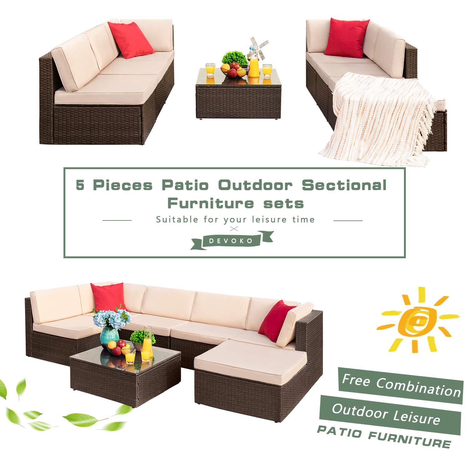 Devoko 7-Piece All-Weather Outdoor Patio Furniture Set - Wicker Rattan Sectional Sofa with Cushions & Glass Coffee Table, Beige - Perfect for Backyard, Garden, Poolside & Patio Relaxation