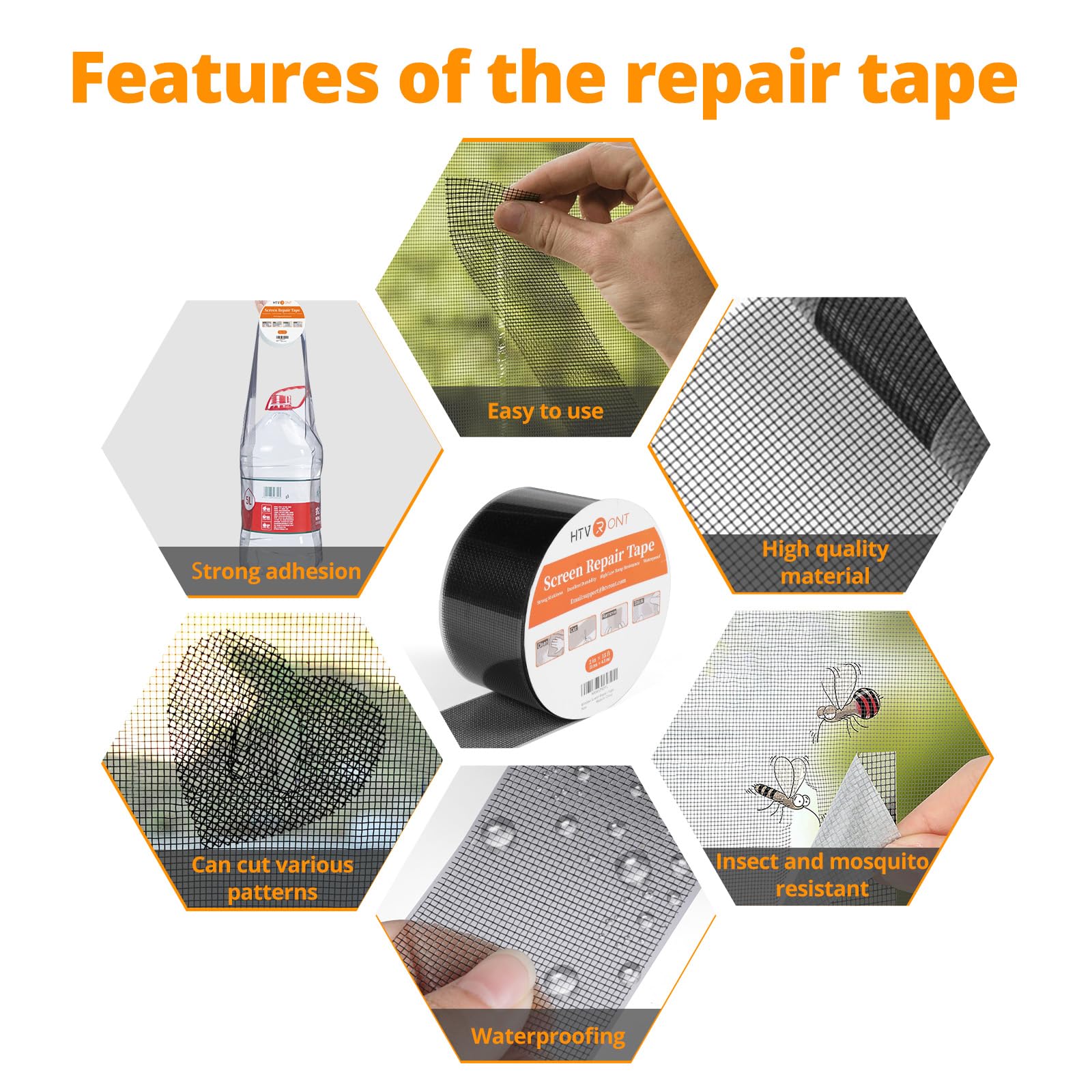 HTVRONT Fiberglass Screen Repair Tape - 2 Inch x 30 Feet Strong Adhesive Mesh Tape for Window & Door Screen Holes - Durable Black Screen Patch Kit for Home, RV, and Porch Screen Repair
