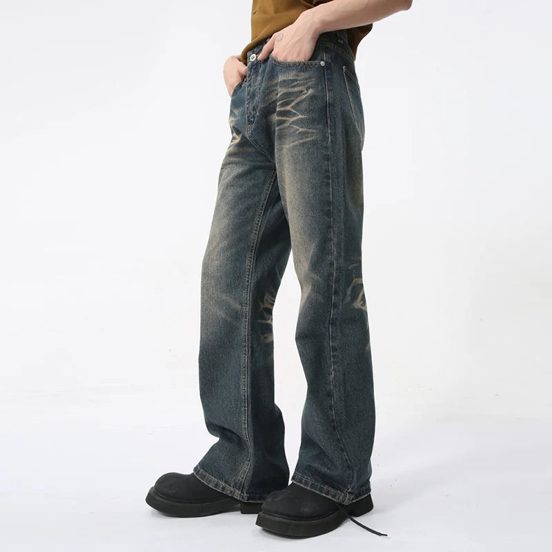 Stylish American Men's Jeans - Summer Micro Flare Denim Pants | High Street Deconstructed Trend 9C5981 | Perfect for Casual Outings & Streetwear Fashion