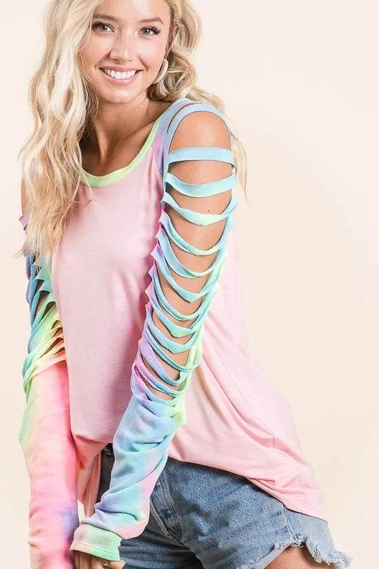 BiBi Jersey Knit Tie Dye Top with Laser Cut Sleeves | Women's Fashion T-Shirt for Casual Wear, Street Style & Summer Outfits
