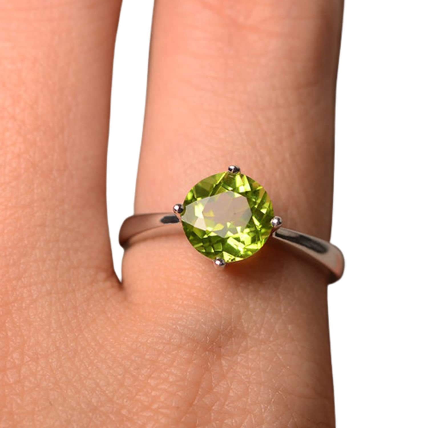 Peridot Rings for Women - 925 Sterling Silver Round Solitaire Ring, Size 7.5 - Perfect Mother's Day Gift, Birthday Present & Everyday Elegant Jewelry