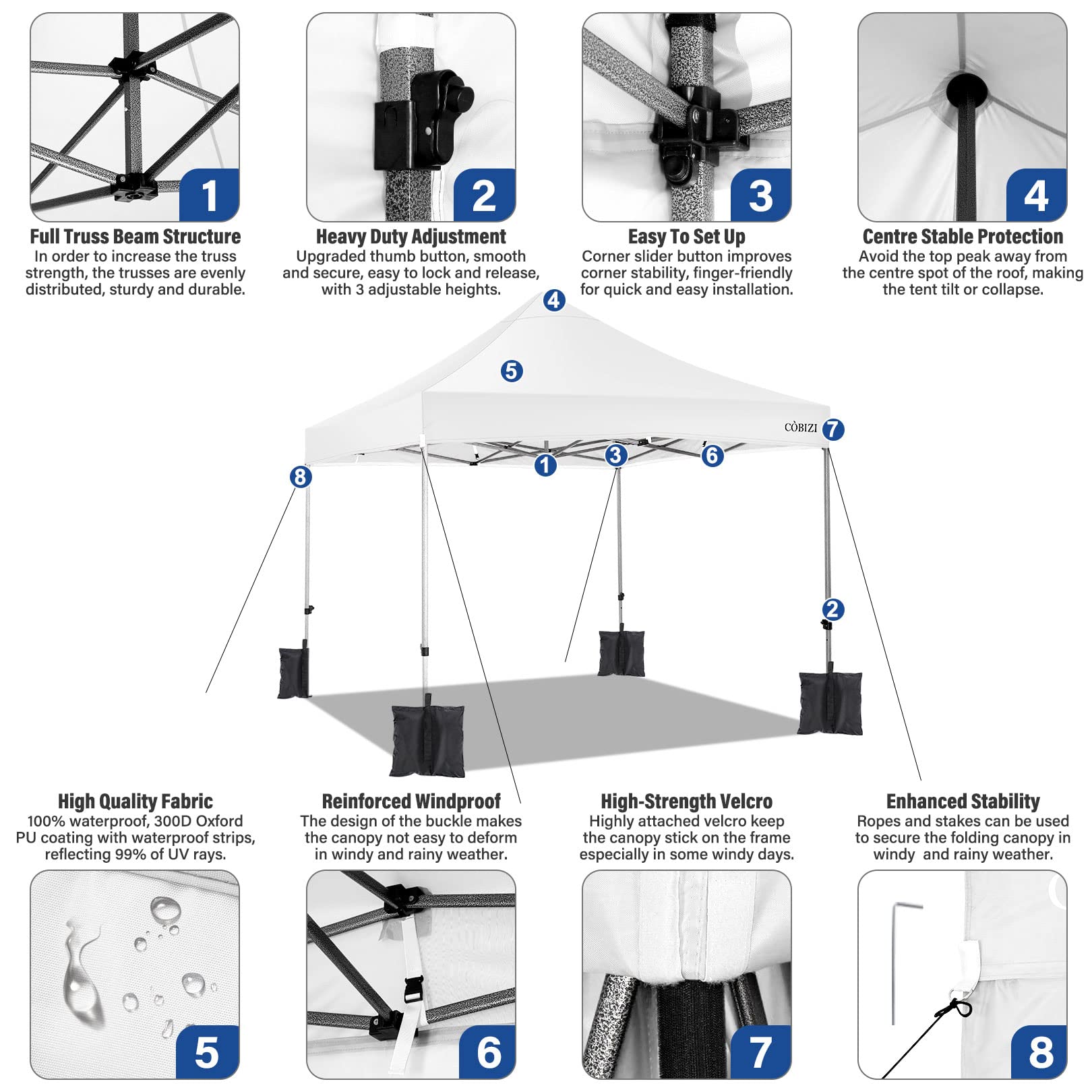COBIZI 10x10 Pop Up Canopy Tent with 4 Sidewalls - Heavy Duty Commercial Canopy, UPF 50+ Sun Protection, Waterproof & Windproof for Outdoor Events, Weddings, Parties, and Camping - Includes Roller Bag (White)
