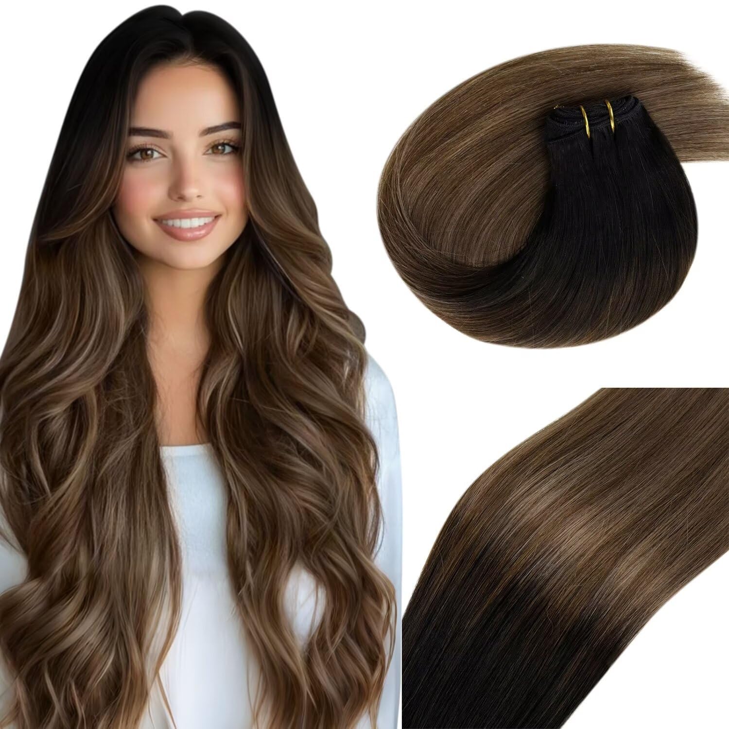 20 Inch Vivien Balayage Brown to Ash Blonde Remy Human Hair Sew-in Extensions - 100G Natural Black to Brown Weft Bundles for Volume & Length - Perfect for Parties, Weddings & Everyday Styling