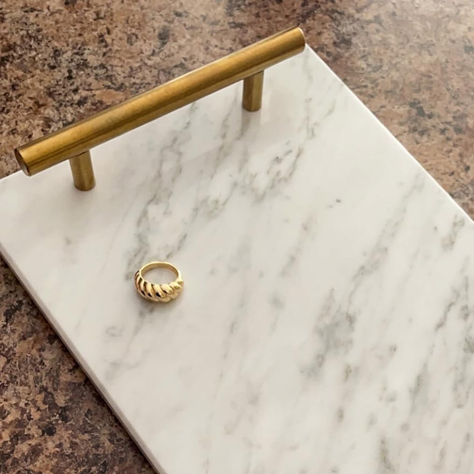 HighFree Handmade Marble Stone Decorative Tray with Copper Metal Handles - Elegant Vanity Organizer for Counter, Dresser, Nightstand & Desk (White) | Perfect for Jewelry Display, Bathroom Essentials & Home Decor