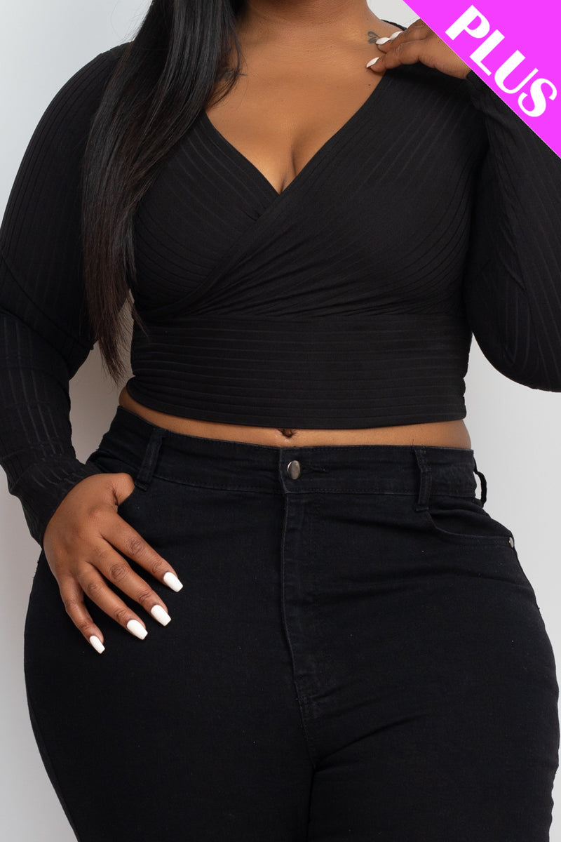 Plus Size Ribbed Wrap Front Long Sleeve T-Shirt for Women - CAPELLA | Flattering Casual & Work Blouse for Curvy Figures | Perfect for Office, Date Night & Everyday Wear