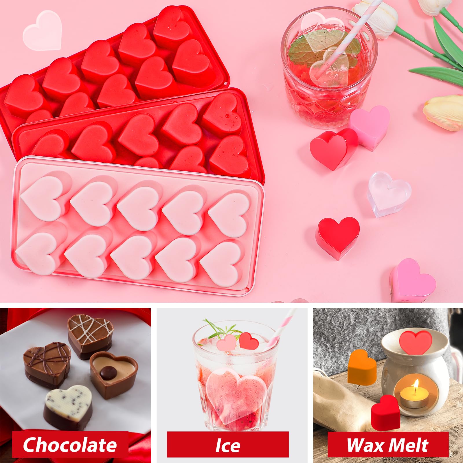 Webake 10-Cavity Heart Shaped Silicone Ice Cube Molds for Chocolate, Candy, Soap - Pink Red Cocktail Ice Trays for Whiskey, Drinks & Party Decorations (3-Pack) - Perfect for Valentine's Day, Weddings & Romantic Date Nights