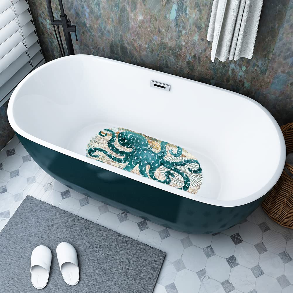 Non-Slip Octopus Bathtub Mat with Suction Cups - Safety Vinyl Anti-Skid Shower Mat for Baby & Kids - Coastal Ocean Beach Nautical Bathroom Decor - Perfect for Bath Safety, Nursery, and Coastal-Themed Home Decor