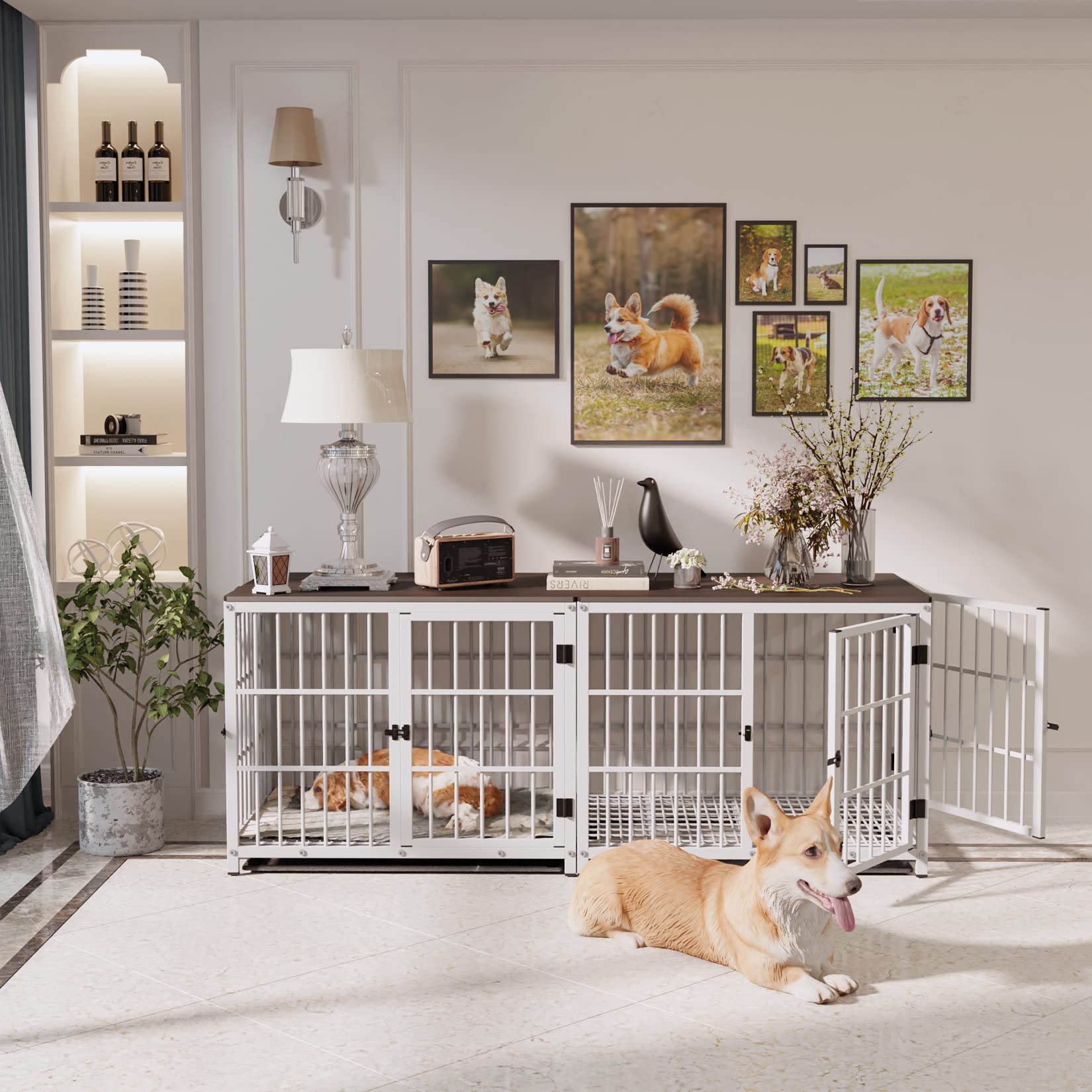 Heavy Duty 36-Inch Large Dog Crate Furniture - Wooden Metal Wire Kennel with 3 Doors & Removable Tray - Indoor Training Playpen for Medium to Large Dogs - White | Perfect for Living Room, Bedroom, or Office Decoration & Pet Safety
