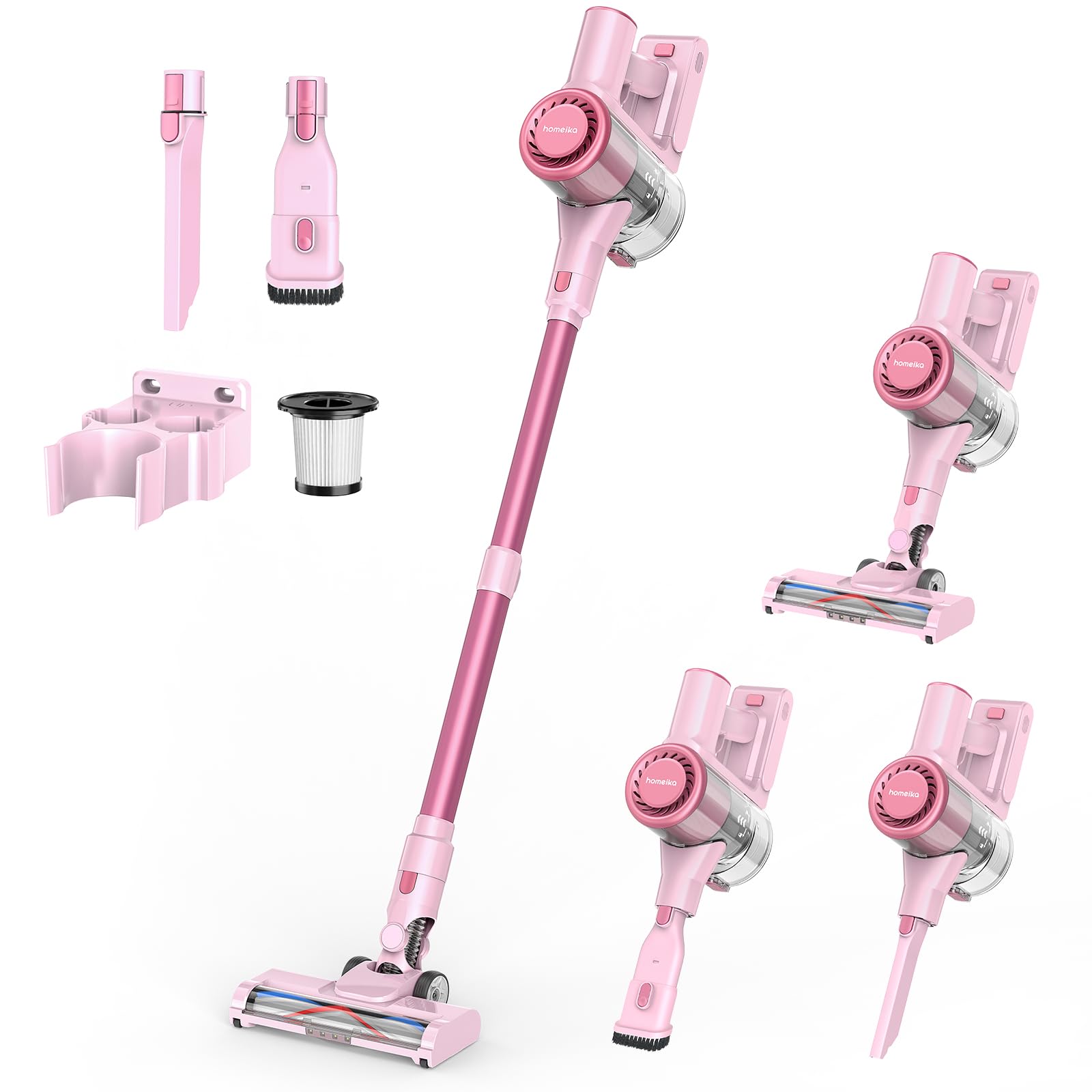 Homeika Cordless Vacuum Cleaner - 28KPa Powerful Suction, 380W Brushless Motor, 8-in-1 Lightweight Stick Vacuum with 50 Min Runtime & Detachable Battery - Ideal for Pet Hair, Carpet Cleaning, Hard Floors & Home Use (Pink)