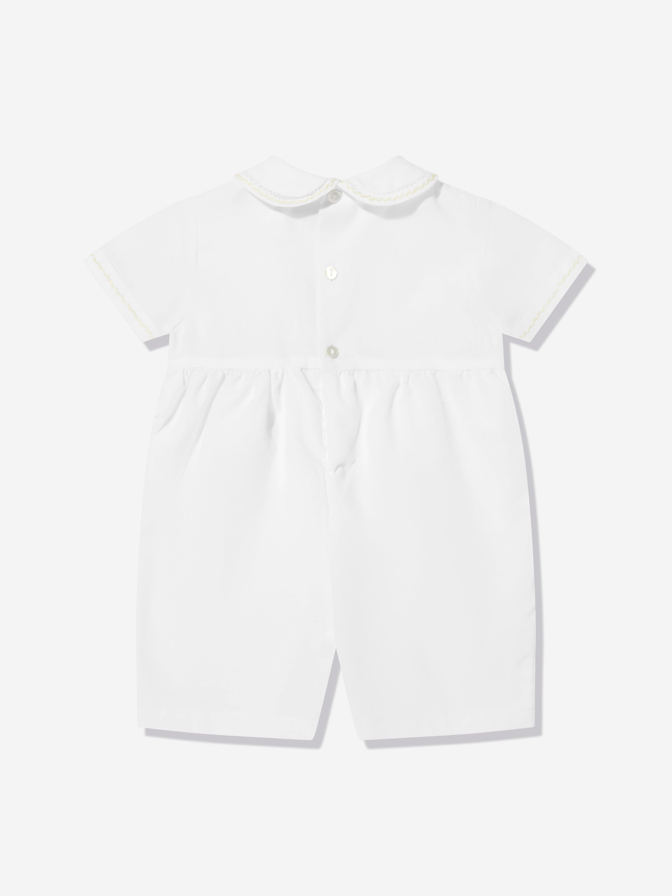 Baby Boys Smocked Romper in White - Soft Cotton Summer Outfit for Newborns & Infants - Perfect for Photos, Parties & Playtime