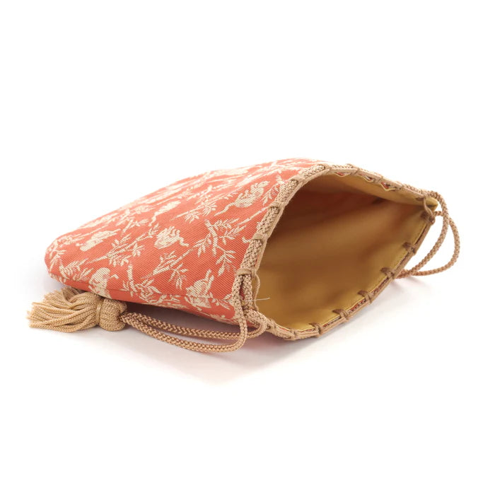Nishijin Ori Small Drawstring Bag - Bamboo Groves & Cats / Rose Design | Handmade in Kyoto Japan | Traditional Japanese Craft Purse for Coins, Jewelry & Gifts