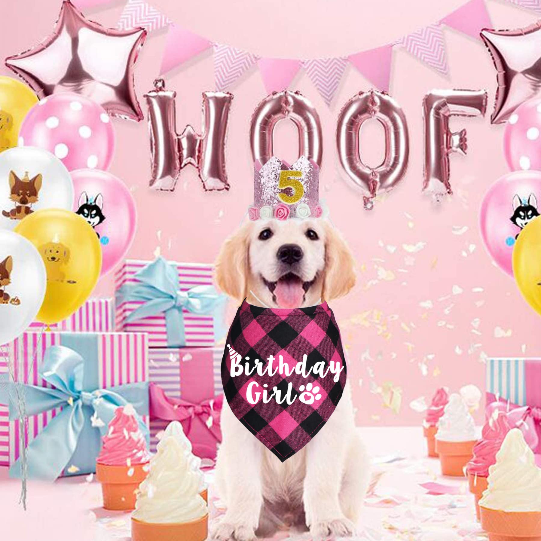 JOTFA Plaid Dog Birthday Bandana - Pink Pet Bandana for Birthday Party, Photo Shoot & Special Occasions | Dog Birthday Party Supplies & Accessories