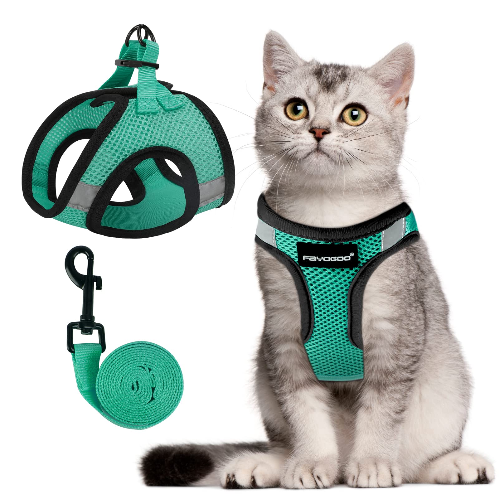 FAYOGOO Cat Harness and Leash Set - Escape Proof Step-in Vest, Lightweight Soft No-Choke Design for Walking, Travel, Camping - Perfect for Outdoor Adventures, Vet Visits & Daily Walks (Green)