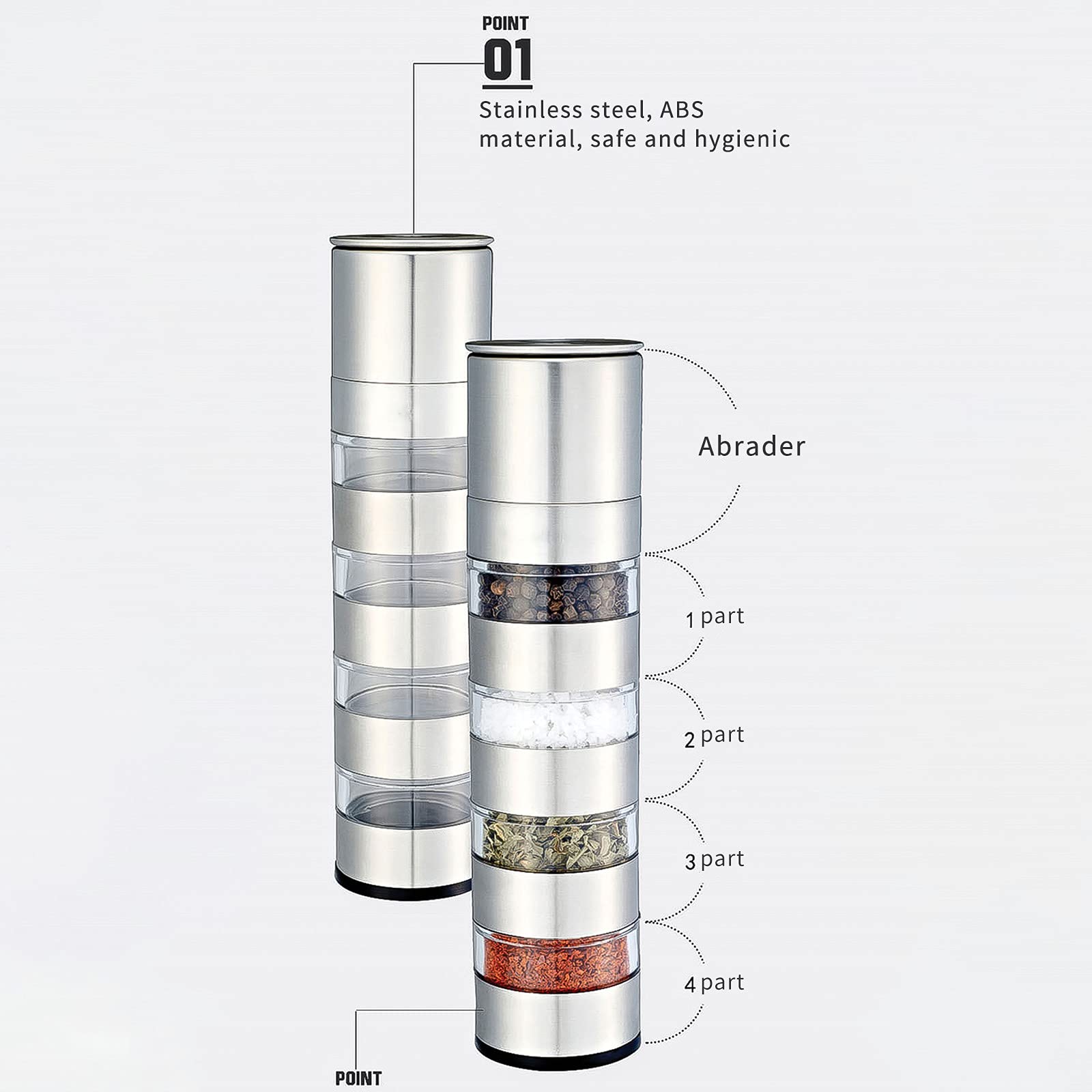 Premium Stainless Steel Spice Bottle Set with 4 Jars & Grinder - Stackable Portable Condiment Storage for Outdoor BBQ, Camping, Picnic & Travel - Perfect for Kitchen, RV & Backpacking Adventures
