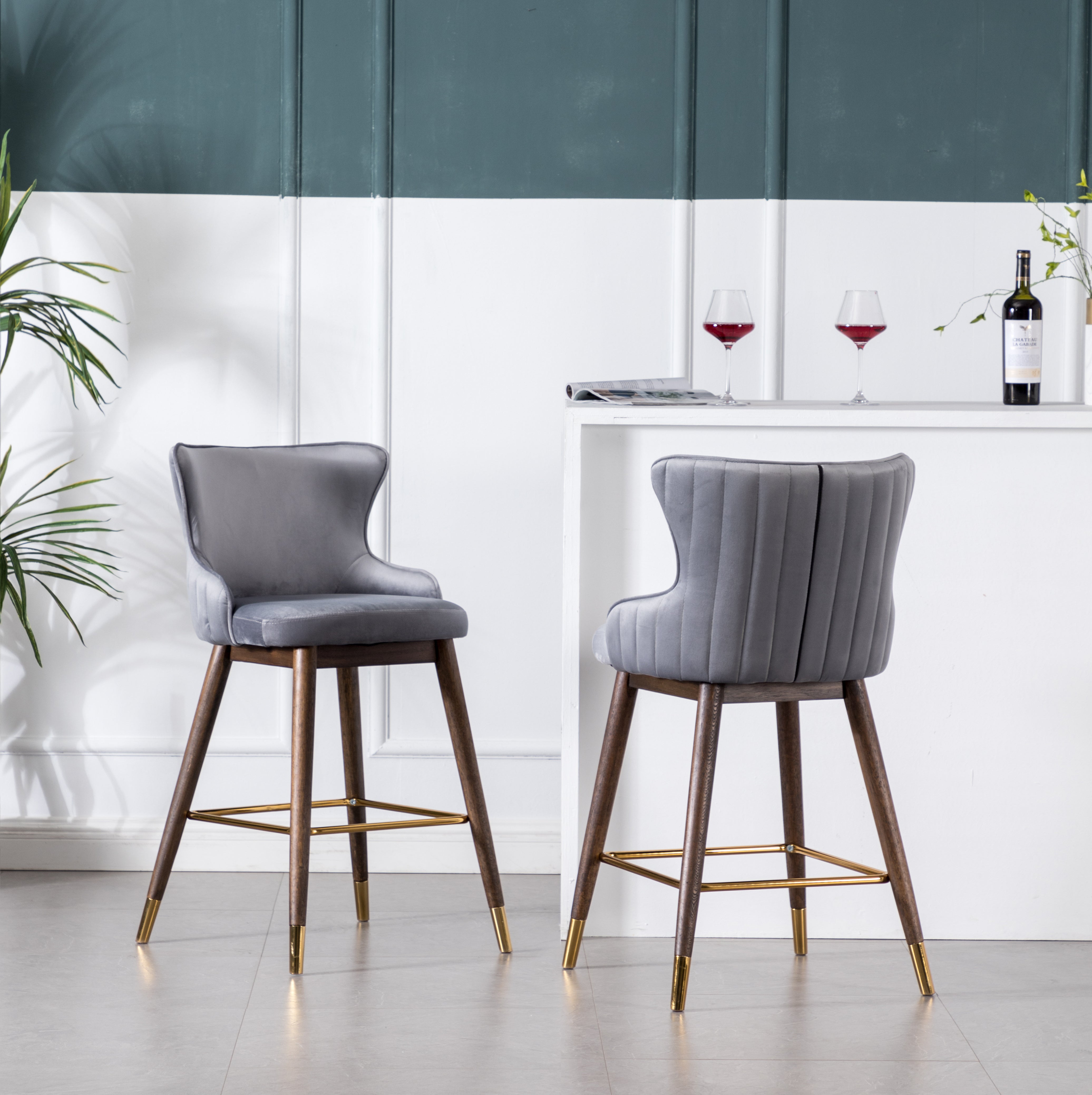 Roundhill Furniture Leland Fabric Upholstered Counter Height Wingback Bar Stools, Gray, Set of 2 - Perfect for Kitchen Islands, Breakfast Bars & Home Decor