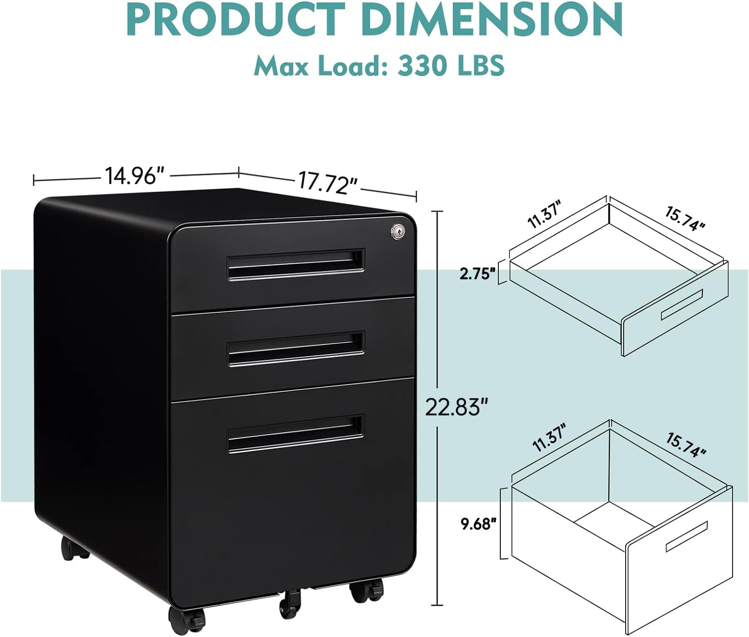 MIIIKO 3-Drawer Rolling File Cabinet with Lock - Under Desk Mobile Storage for Home Office, Black Small Filing Cabinet with Anti-Tilt Wheels, Fits A4/Letter/Legal Hanging Files | Perfect for Organizing Documents, Bills, and Office Supplies in Compact Spaces