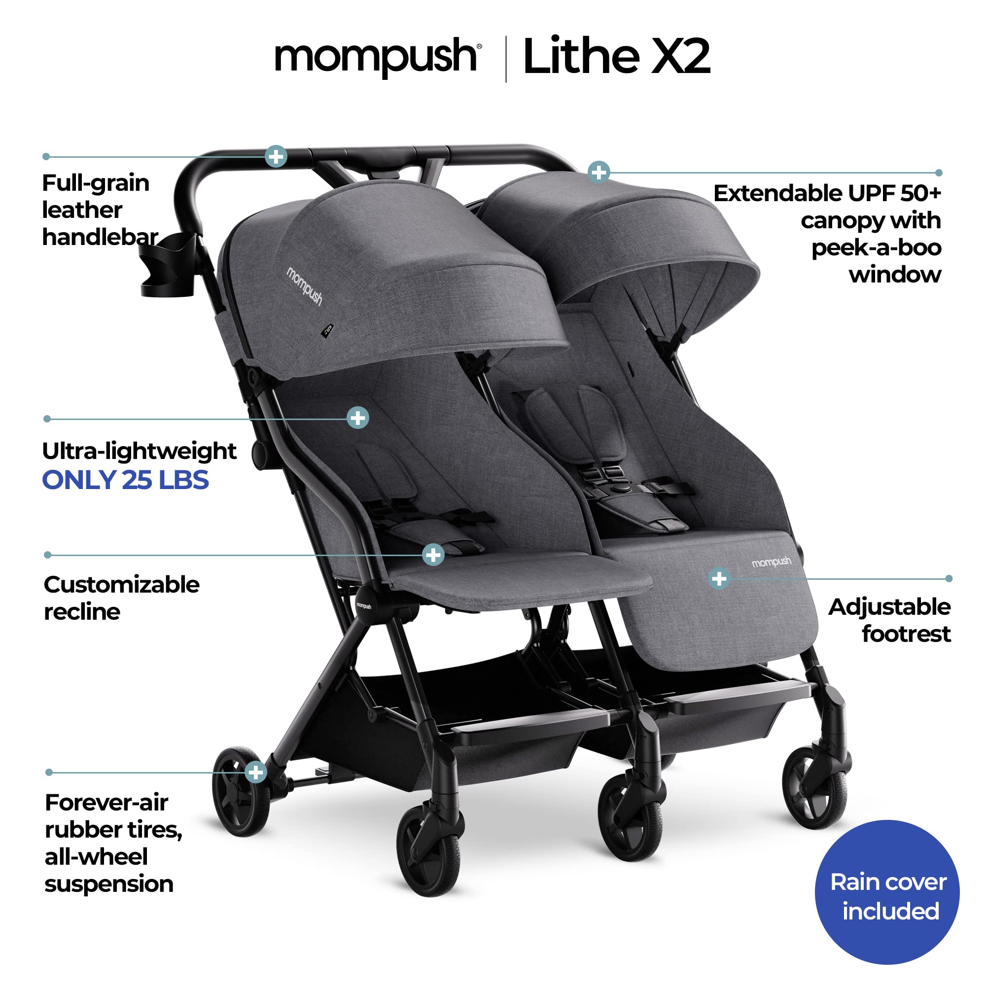 MomPush Lithe Double Ultralight Stroller - Lightweight Side by Side Twin Stroller with 2 Large Reclining Seats & Easy Fold | Perfect for Travel, Shopping & Outdoor Adventures with Twins
