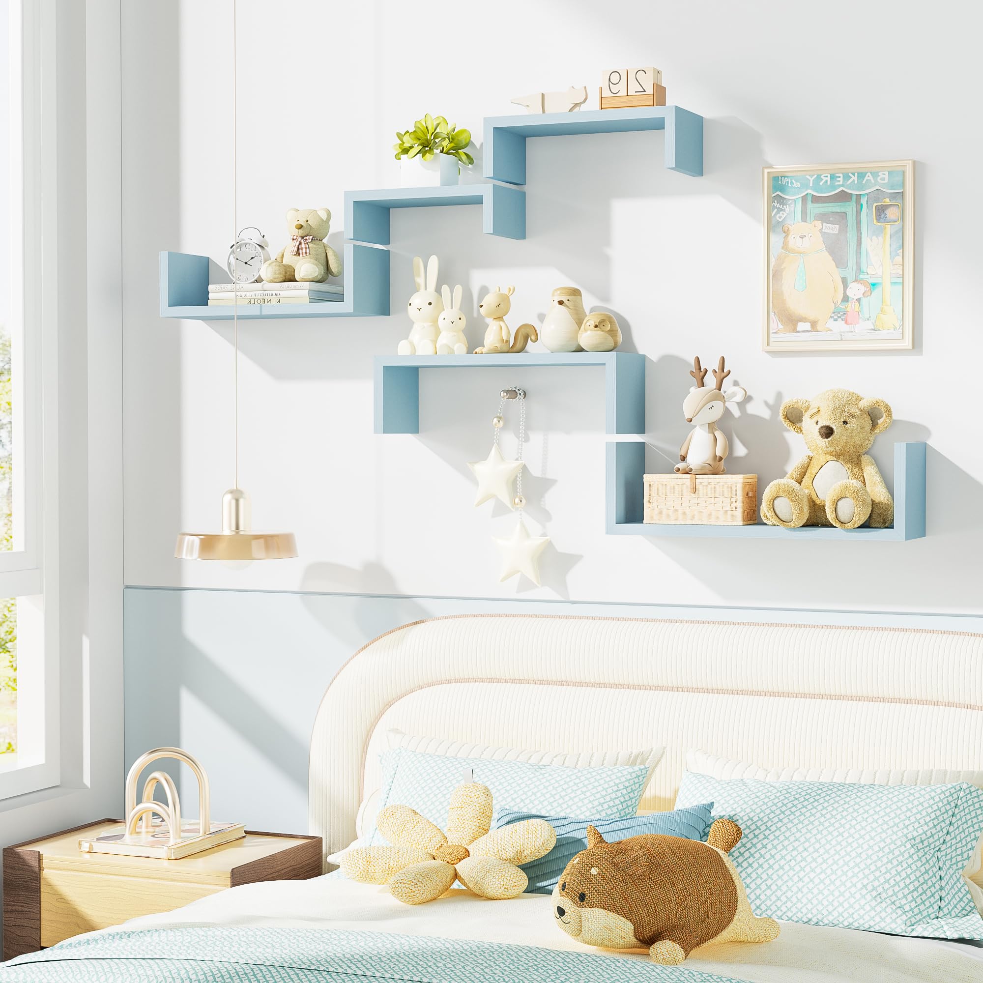 SRIWATANA Floating Wall Shelves Set of 5 - Rustic Wooden Shelves for Bathroom, Bedroom, Living Room, Kitchen & Office Decor (Blue) - Perfect for Organizing Books, Plants & Decorative Items
