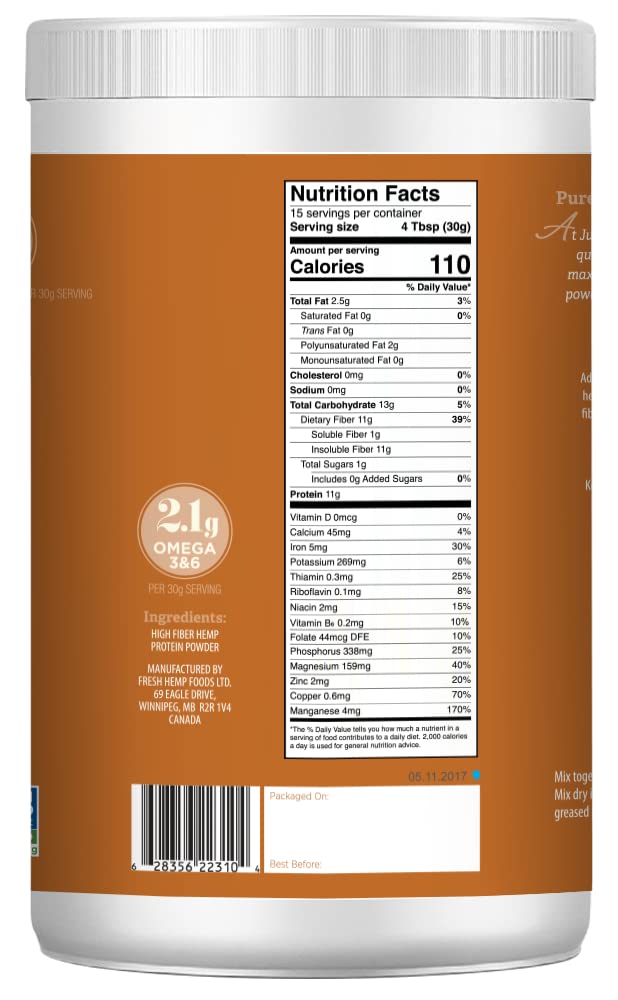 Just Hemp Foods Organic Hemp Protein Powder with Fiber - Non-GMO, 11g Protein & 11g Fiber per Serving, 16oz (Packaging May Vary) - Perfect for Smoothies, Baking & Post-Workout Recovery