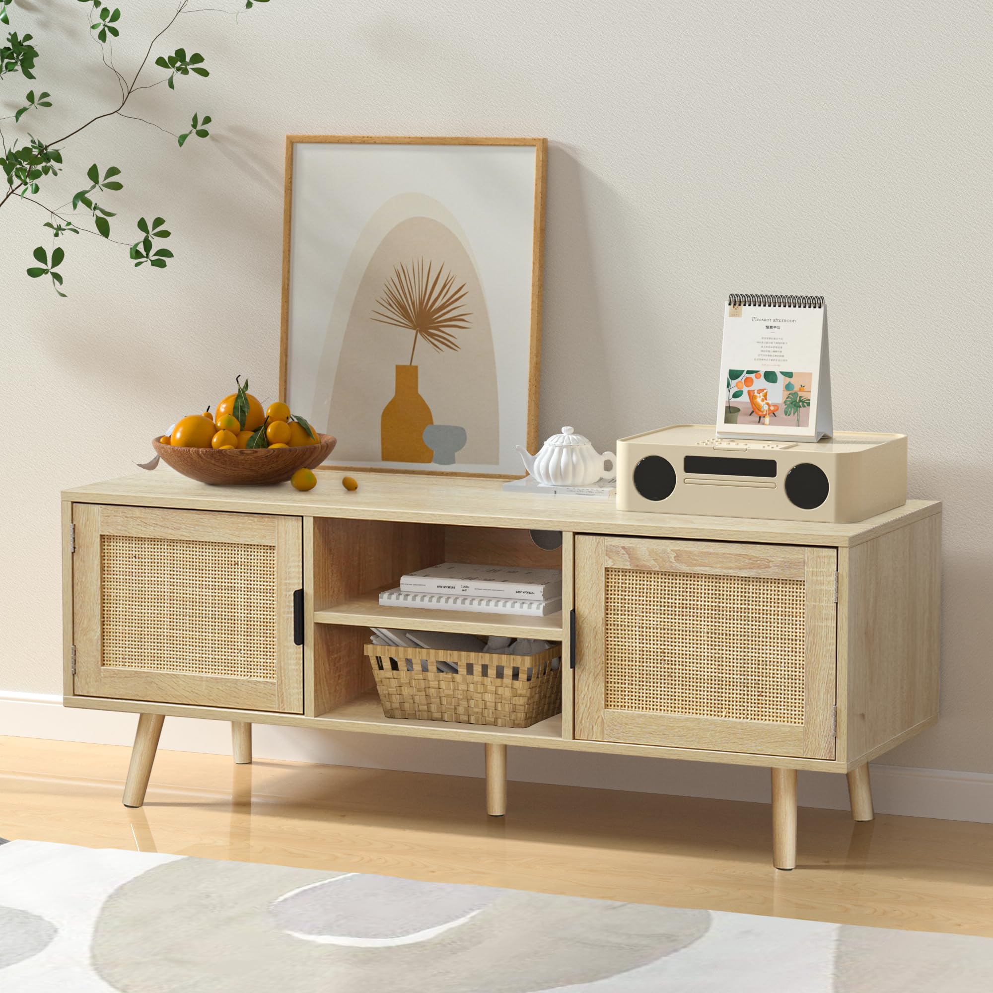 Modern Farmhouse Rattan TV Stand for TVs up to 55 Inch - Wooden Media Console with 2 Doors & 2 Open Shelves - Natural Oak Entertainment Center - Perfect for Living Room, Bedroom or Home Theater Setup - H0015