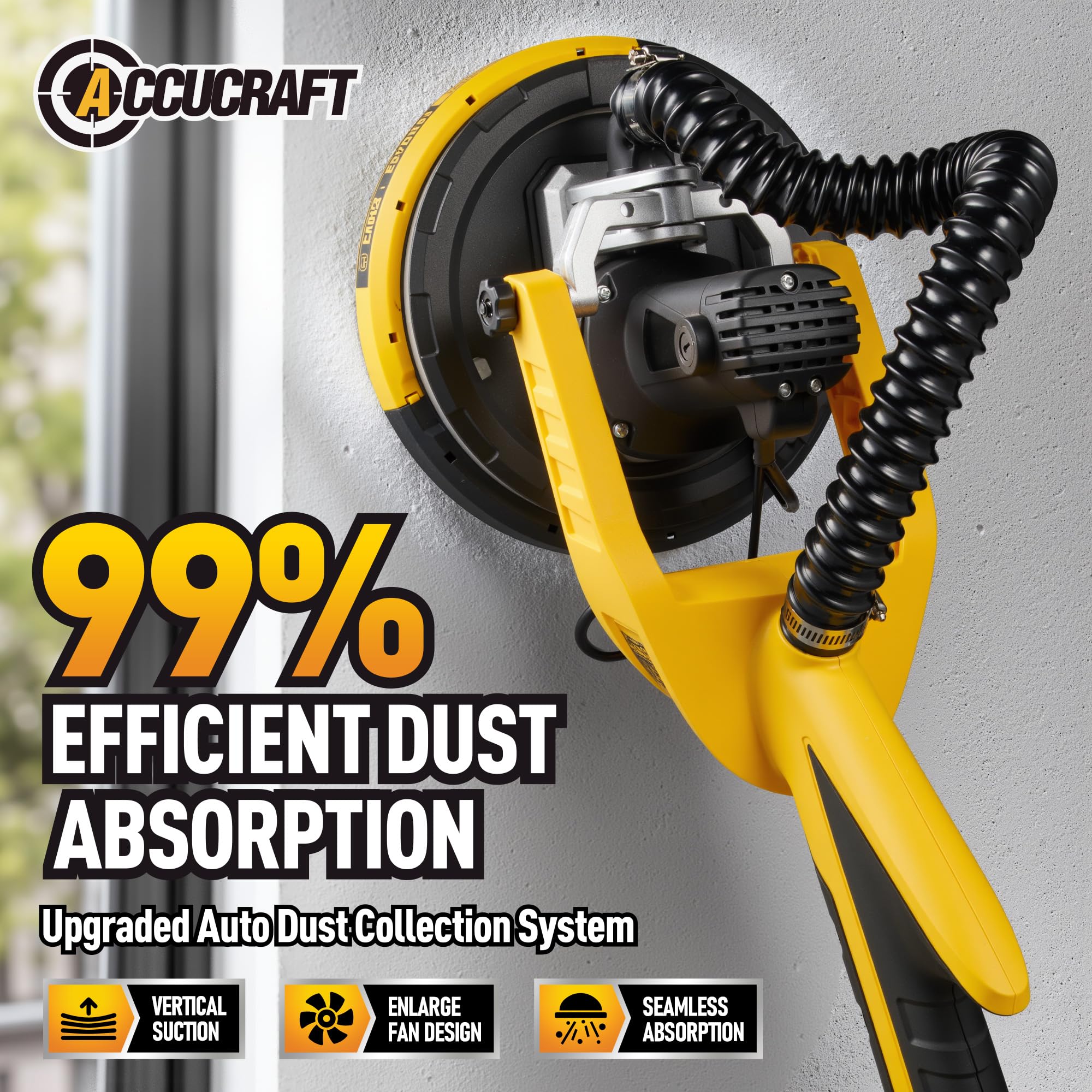 Powerful Electric Drywall Sander with Vacuum - Auto Dust Absorption, Dust-Free Design, 7 Variable Speeds (900-1800 RPM), 26' Power Cord & LED Light - Perfect for Popcorn Ceiling Removal, Wall Smoothing, and Home Renovation Projects