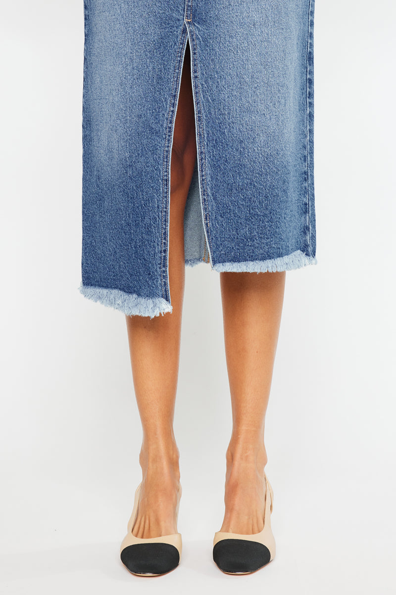 Indigo High Rise Midi Skirt for Women - Stretchy A-Line Denim Skirt with Pockets | Perfect for Casual Outfits, Office Wear & Date Nights