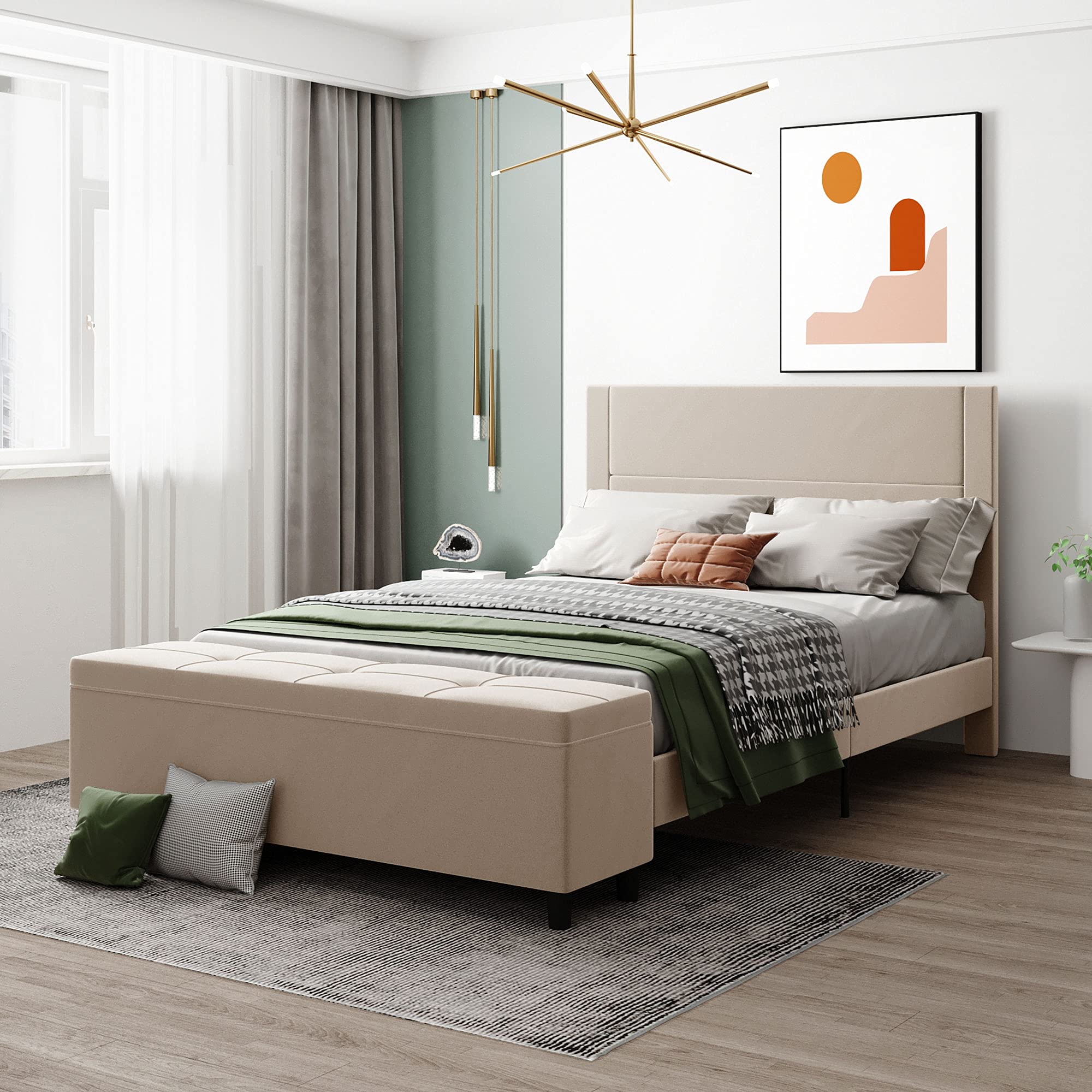 Queen Upholstered Platform Bed with Storage Ottoman & Cushioned Headboard - No Box Spring Needed, Beige - Perfect for Small Bedrooms & Modern Apartments