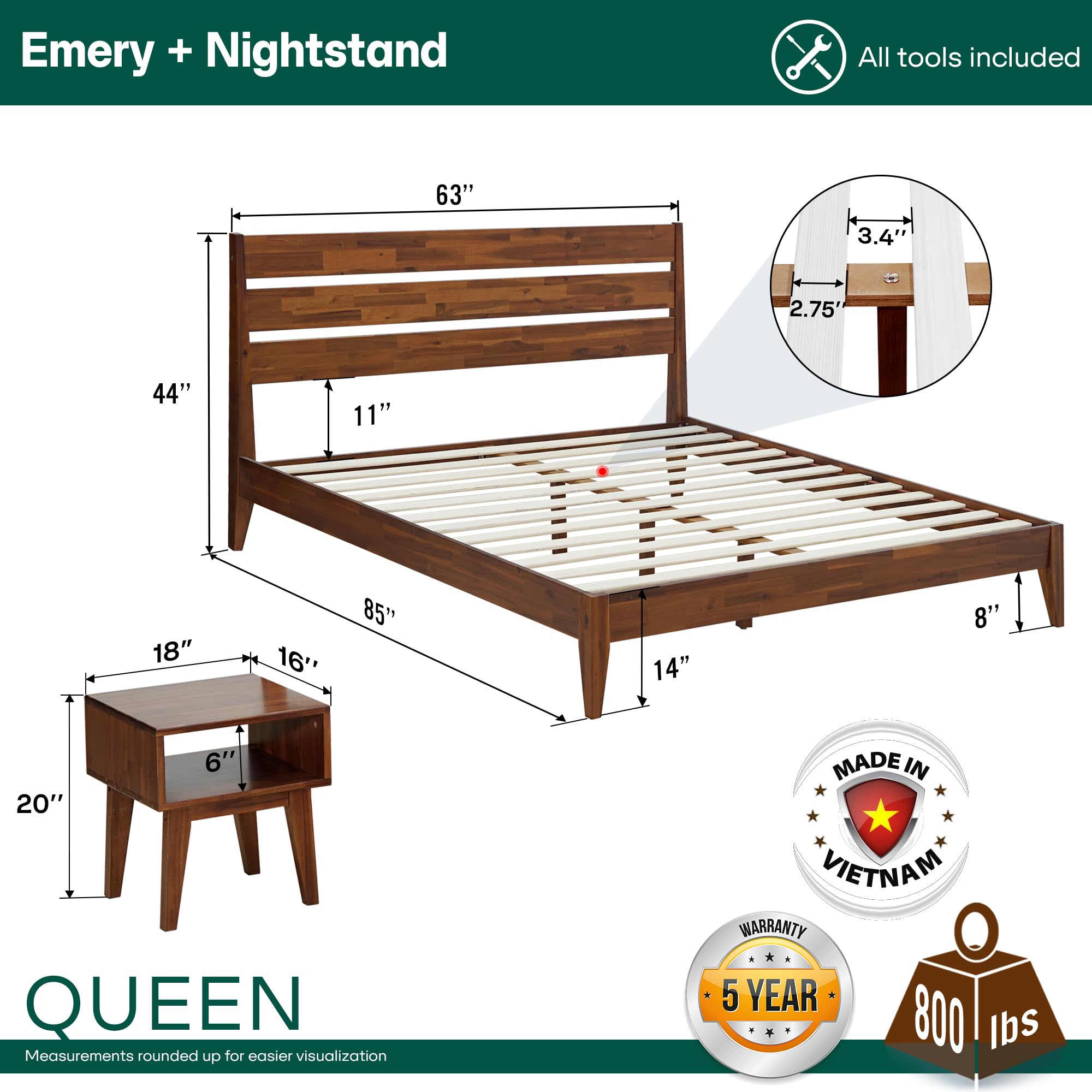 Acacia Emery Solid Wood Platform Bed Frame with Nightstand Set - Queen Size Walnut Wood Headboard & Bedside Table - Easy Assembly for Modern Bedroom Furniture