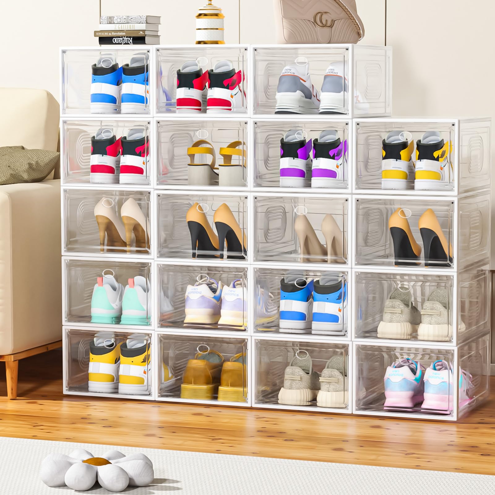 8 Pack Clear Shoe Storage Boxes with Magnetic Door - Stackable Thick Plastic Shoe Organizers for Sneakers, Boots & Closet Organization - Perfect for Wall Mounting & Space Saving in Bedrooms, Dorms & Entryways