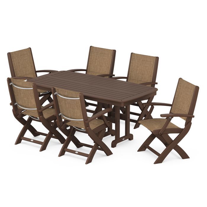 POLYWOOD Coastal Folding Arm Chair 7-Piece Outdoor Dining Set - Perfect for Patio, Deck, Poolside & Beachfront Entertaining
