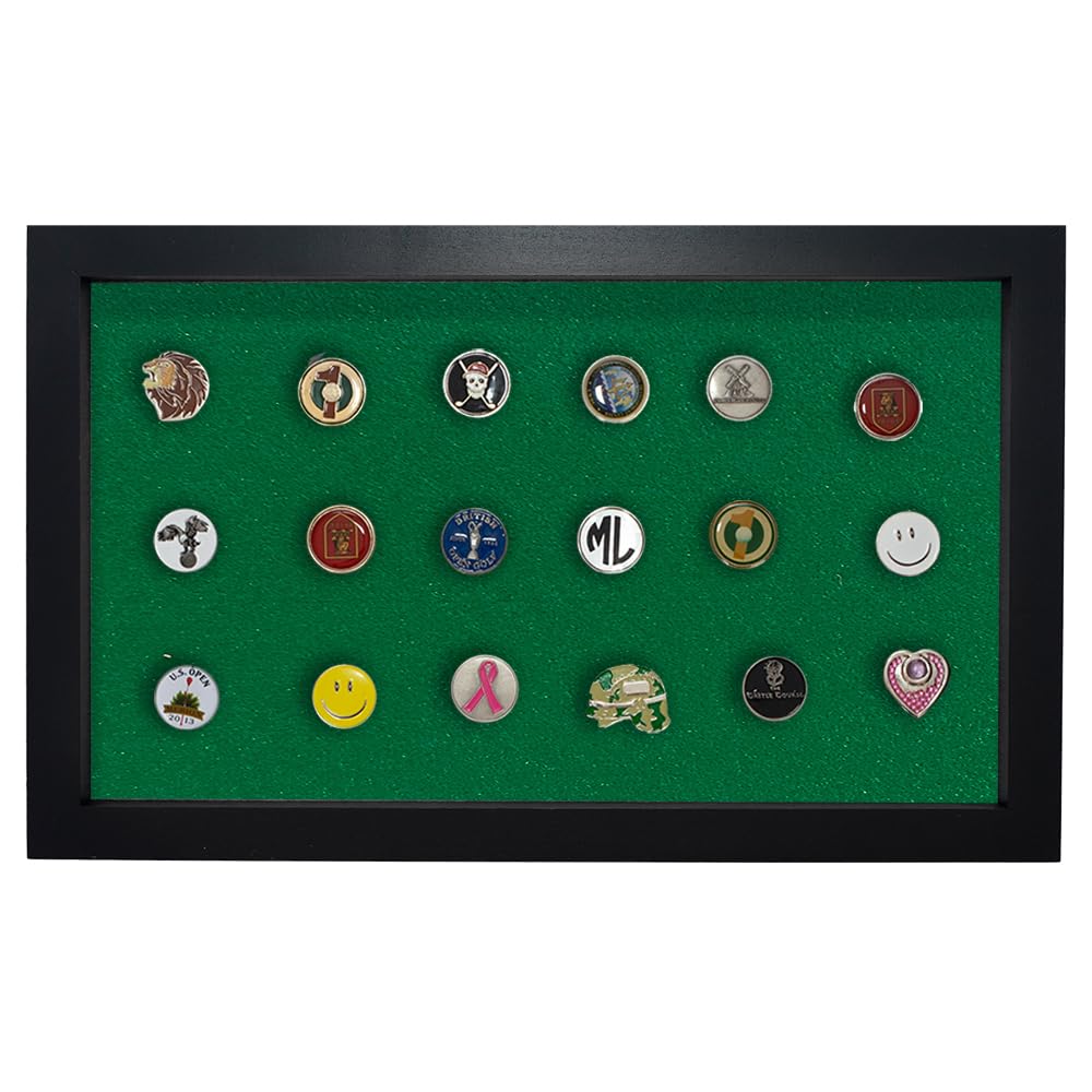 Premium Golf Ball Marker Display Case - Holds 40 Pegged/Flat Markers - Wall Mounted Wooden Organizer (15.5