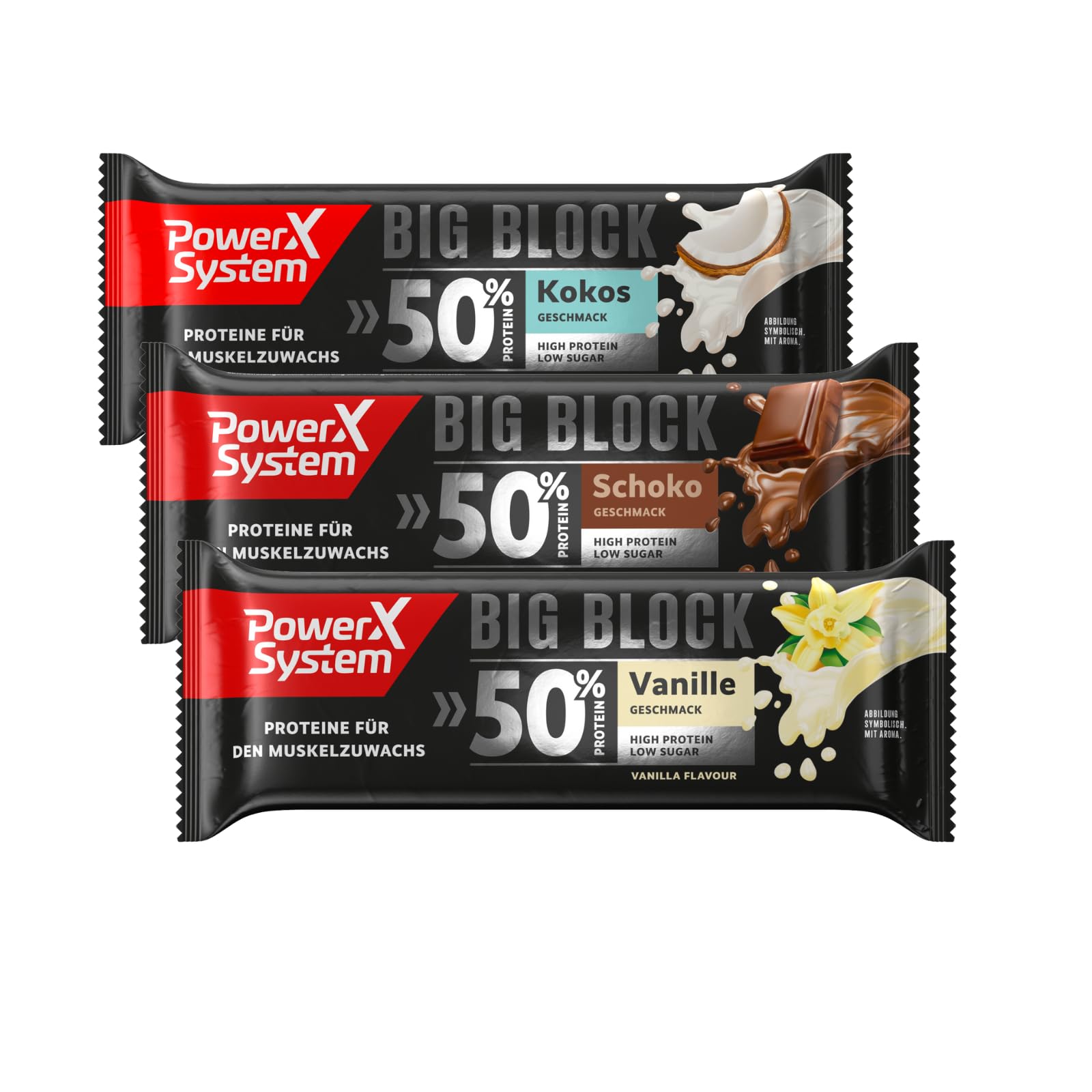 Power System Big Block 50% High Protein Bar Mix Box - Vanilla, Chocolate & Coconut Flavors (6 x 100g Protein Bars) for Gym, Workout & Healthy Snacking