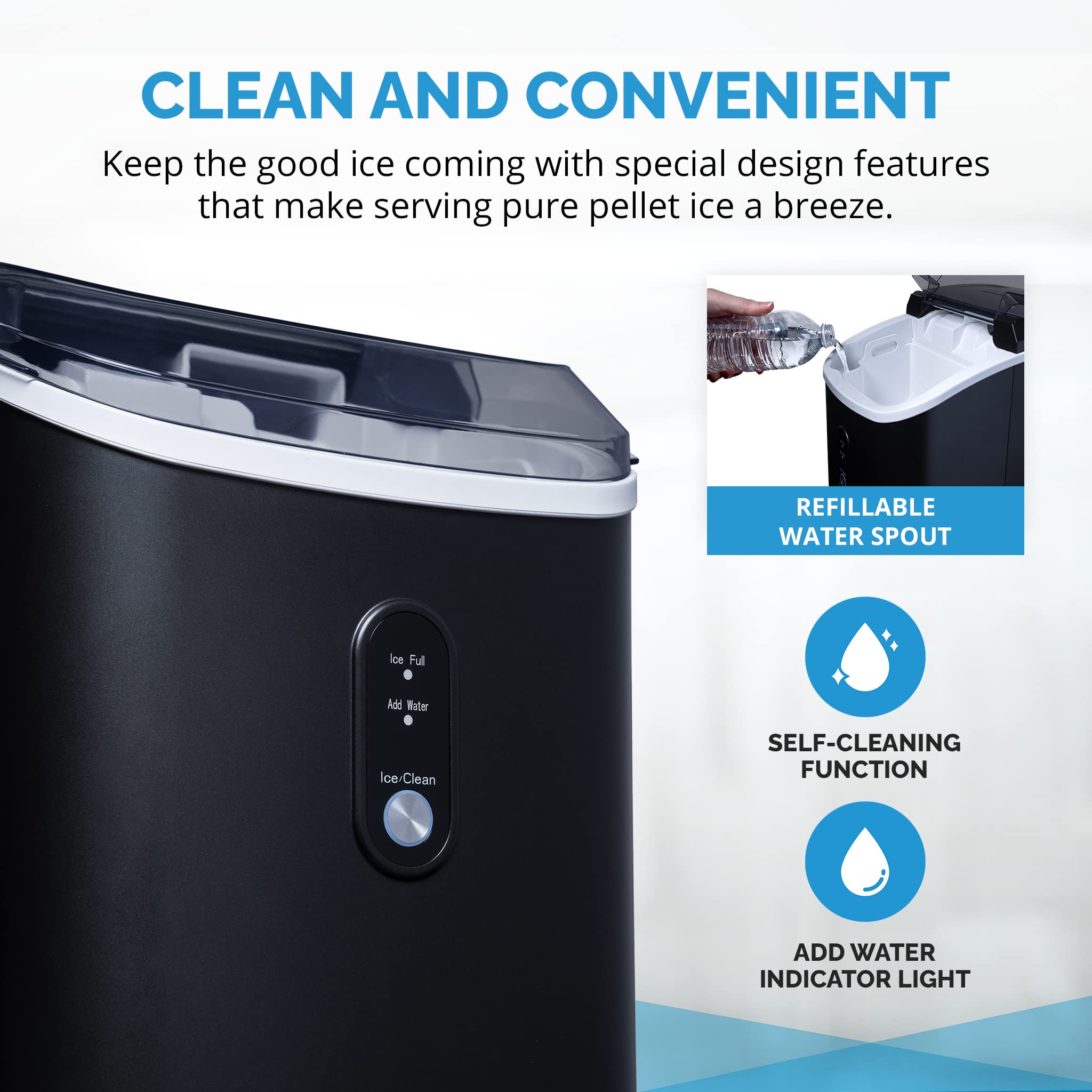 Newair Nugget Countertop Ice Maker Machine - 26 lbs. Daily Output, Self-Cleaning, Refillable Water Tank | Matte Black Electric Sonic Ice Maker for Perfect Nugget Ice | Ideal for Home Kitchens, Offices, Coffee Bars & Entertaining