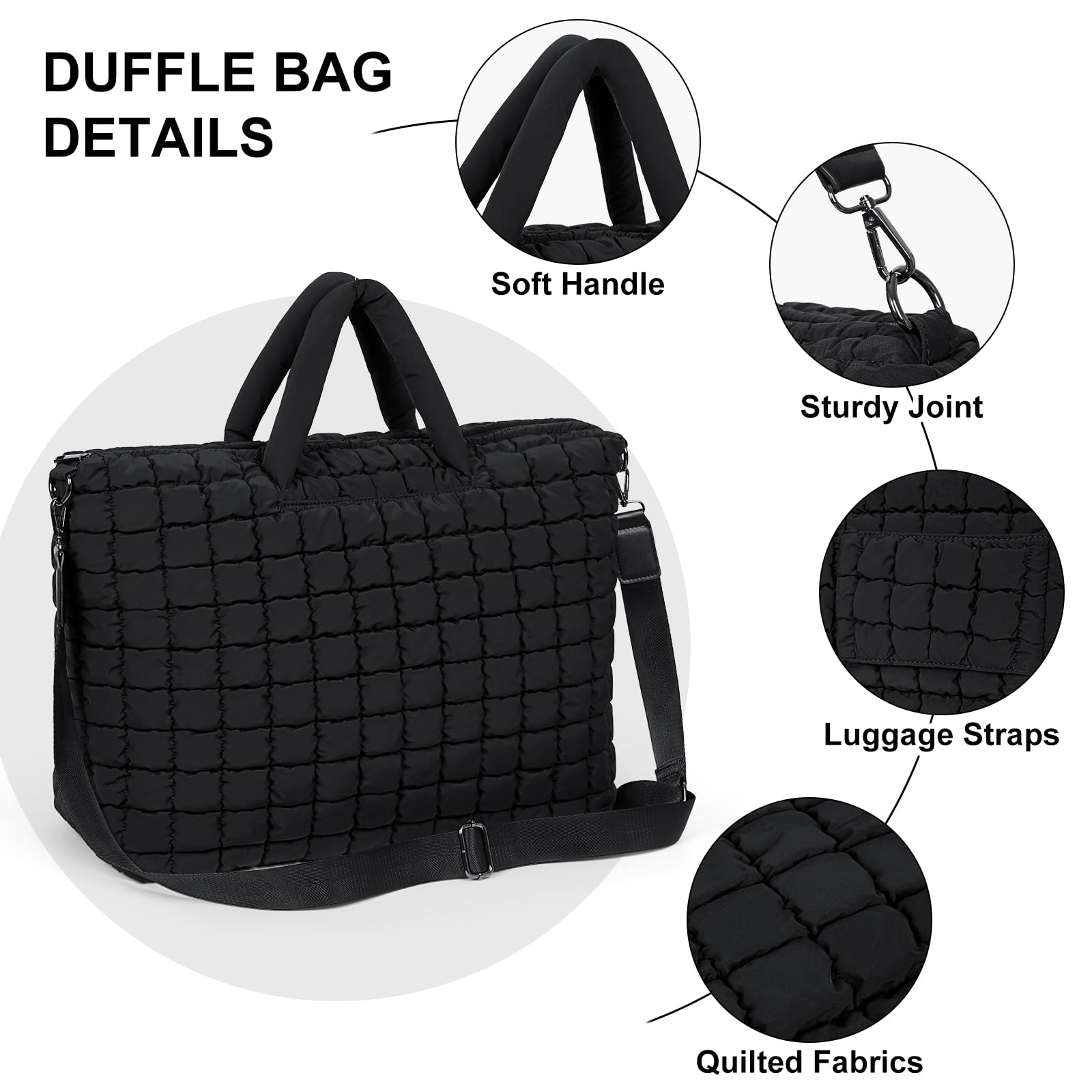 Quilted Duffle Bag for Travel - Large Puffer Weekender & Gym Tote for Carry-On Luggage & Overnight Trips
