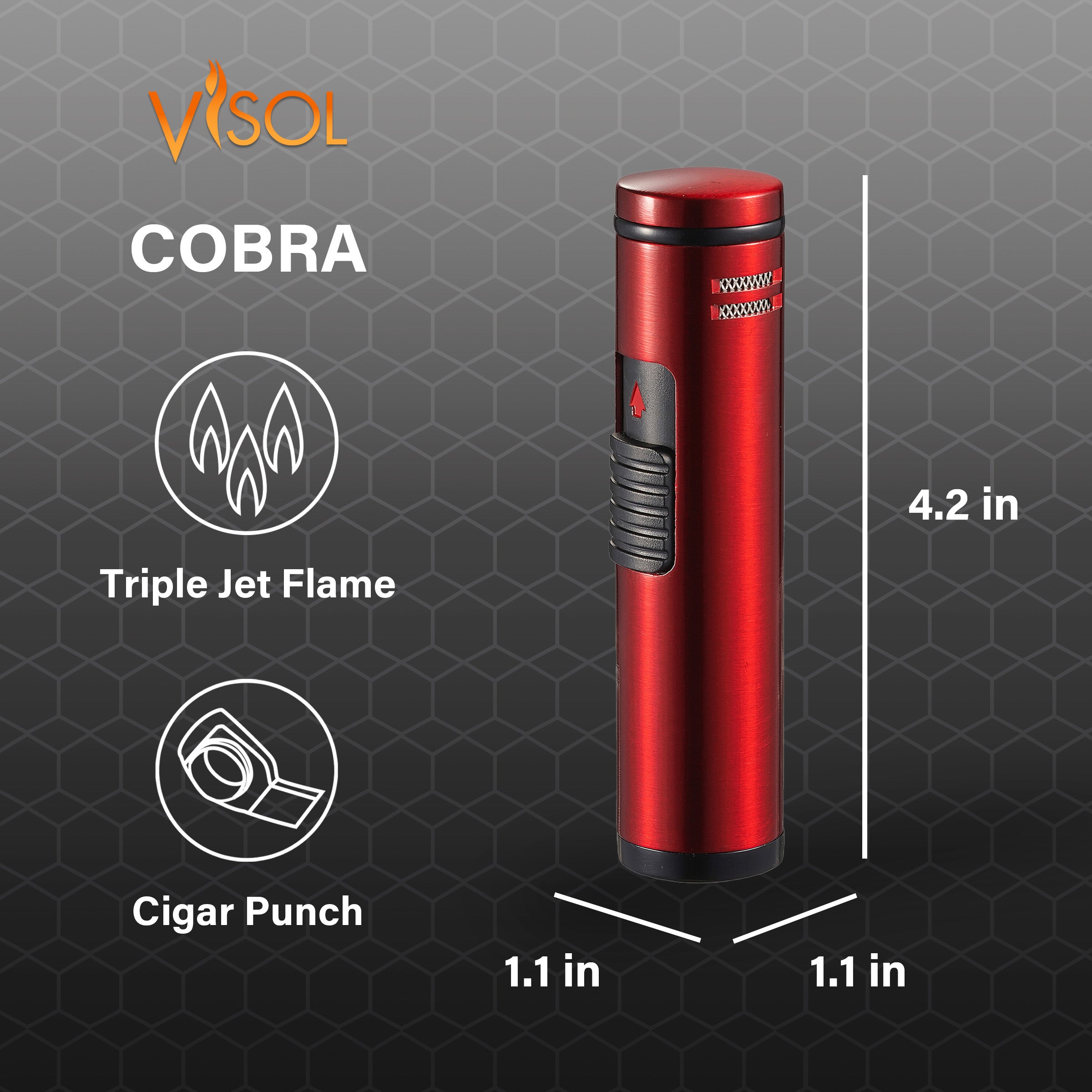Visol Cobra Triple Flame Cigar Lighter - Windproof Jet Torch Lighter for Cigars, Cigarettes & Outdoor Use - Durable Red Butane Lighter for Smoking Accessories & Camping Gear