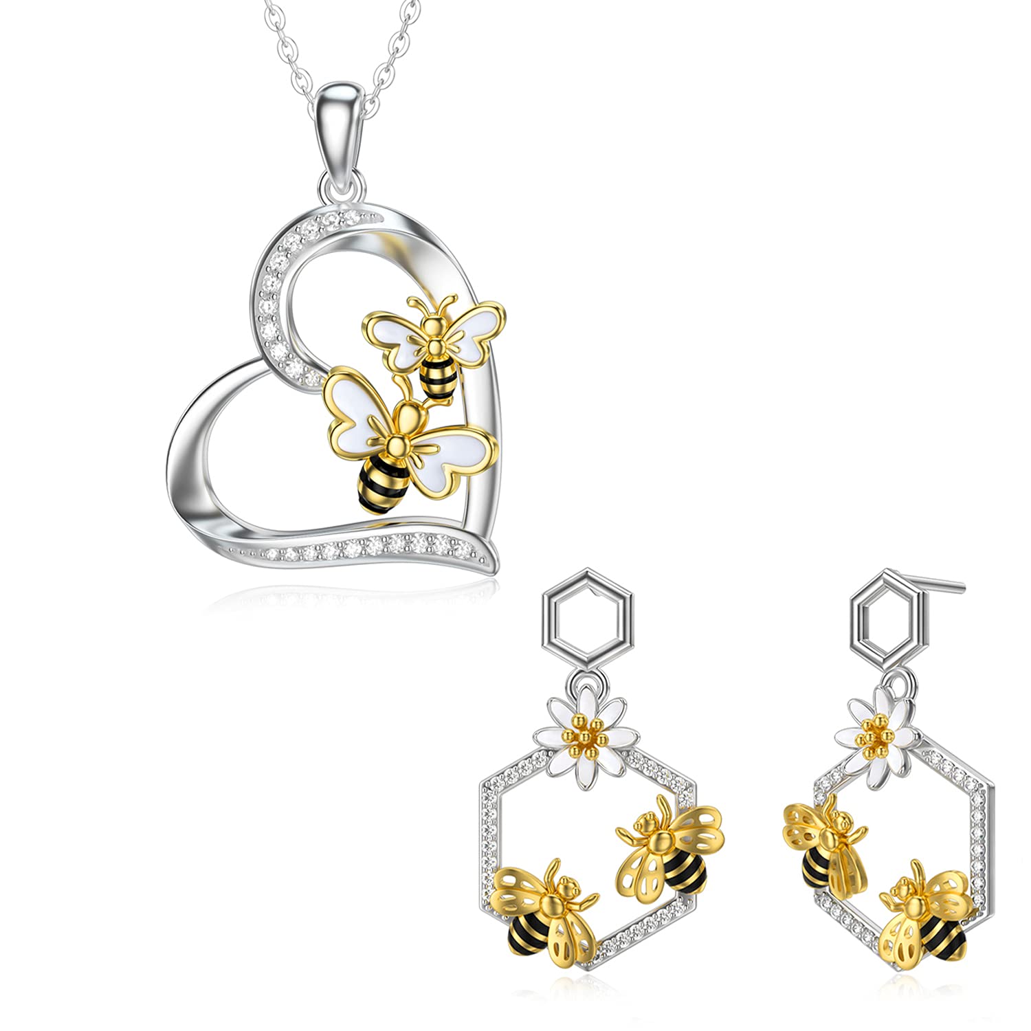 925 Sterling Silver Bee Necklace & Bee Earrings Set with Sunflower & Beehive Design - Cubic Zirconia Dangle Drop Hook Jewelry for Women - Perfect Birthday Gift for Daughter, Mom, Wife | Nature-Inspired Jewelry for Spring, Summer, Garden Parties & Outdoor Events