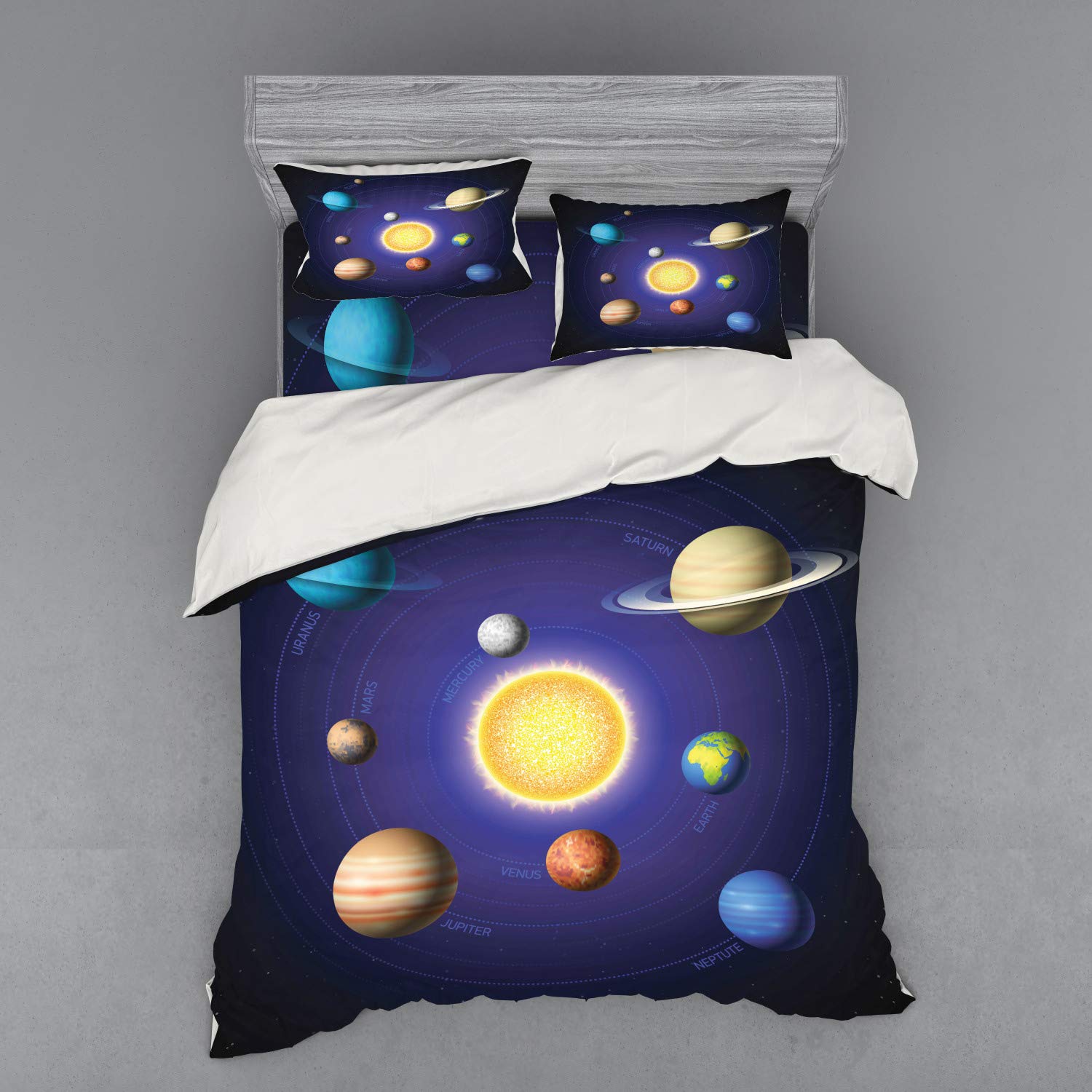 Ambesonne Solar System Bedding Set - 4 Piece Queen Size Duvet Cover with Shams & Fitted Sheet, Galaxy Print Space Theme for Science Lovers - Perfect for Astronomy Themed Bedrooms & Kids' Space Decor