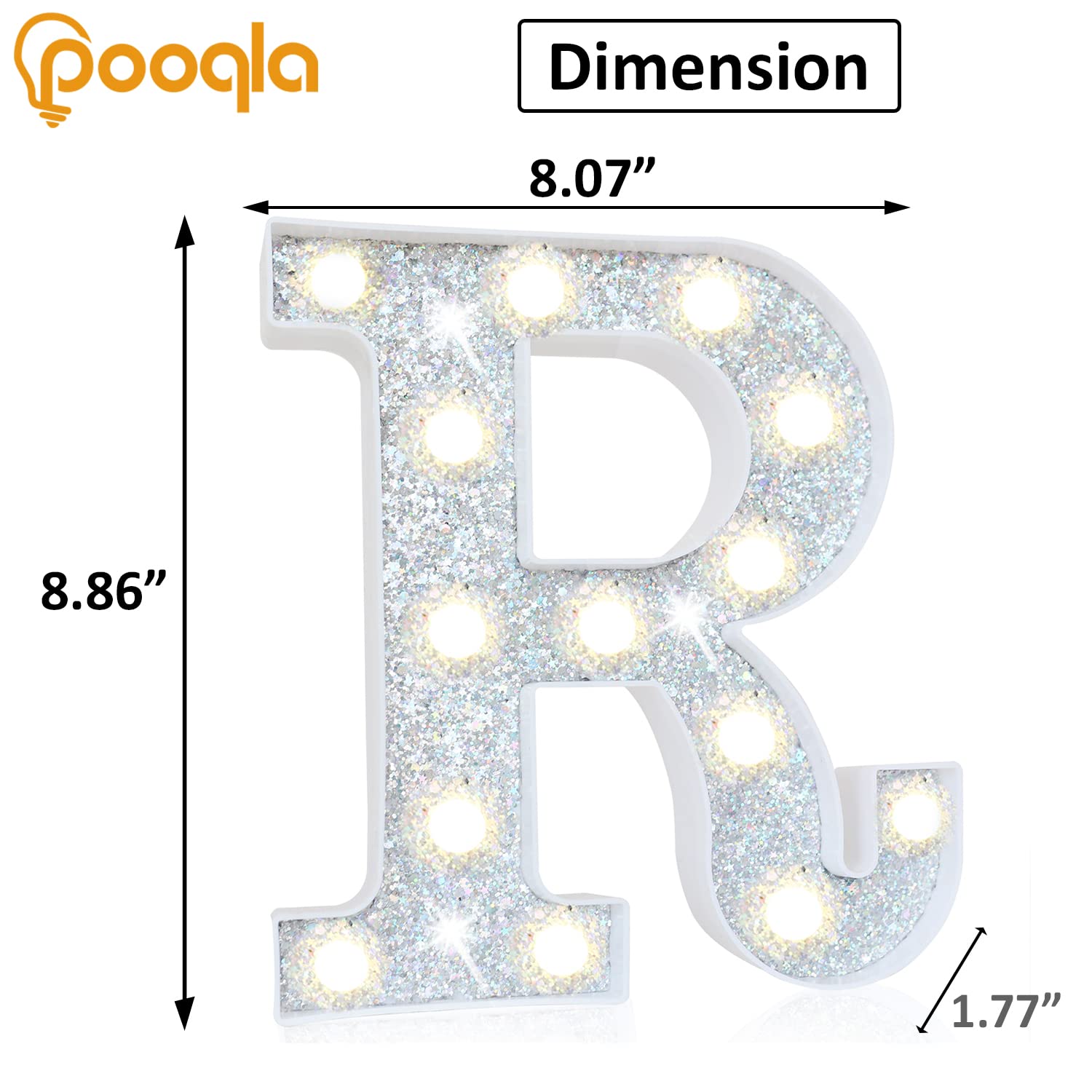 Pooqla LED Marquee Letter R - Silver Glitter Alphabet Light Up Sign with Battery Power for Night Light, Birthday Party, Wedding, Home Bar & Christmas Decoration - Perfect Gift for Girls & Women
